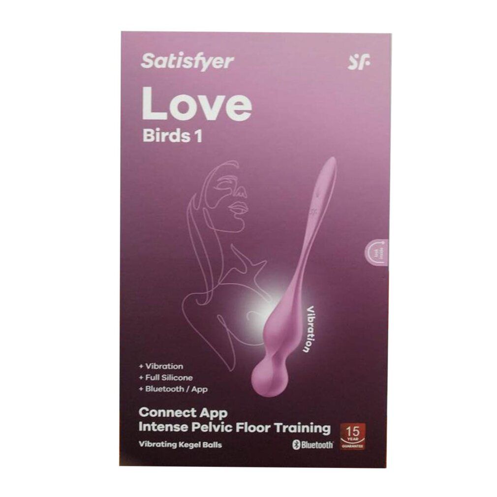 Produktverpackung. Aufschrift: Satisfyer Love Birds 1. Produktabbildung in Rosa. Merkmale: Vibration, Bluetooth/App, Vollsilikon.