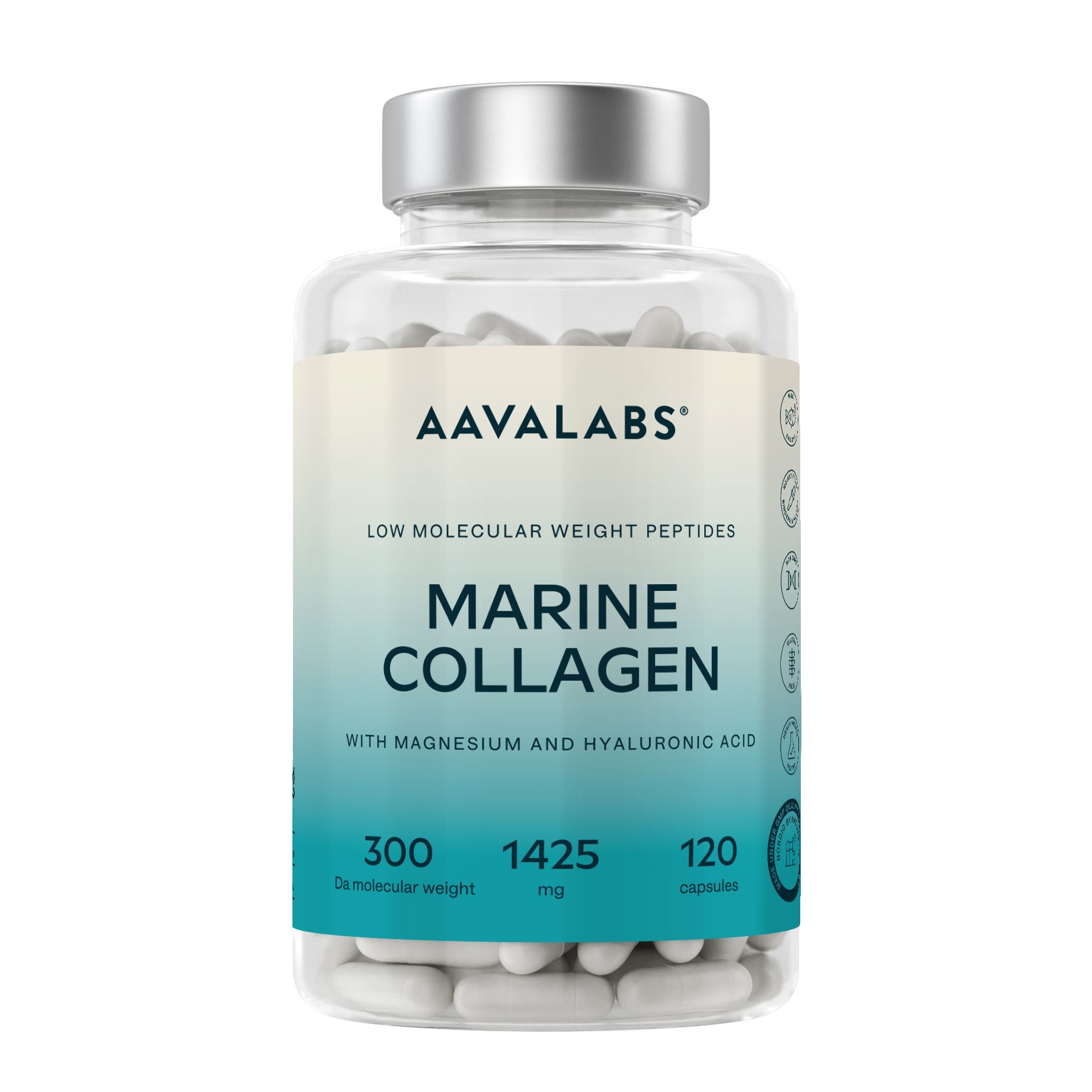 Kapseln in einer transparenten Flasche. Aufschrift: AAVALABS, Marine Collagen, 120 Kapseln. Enthält Magnesium und Hyaluronsäure.
