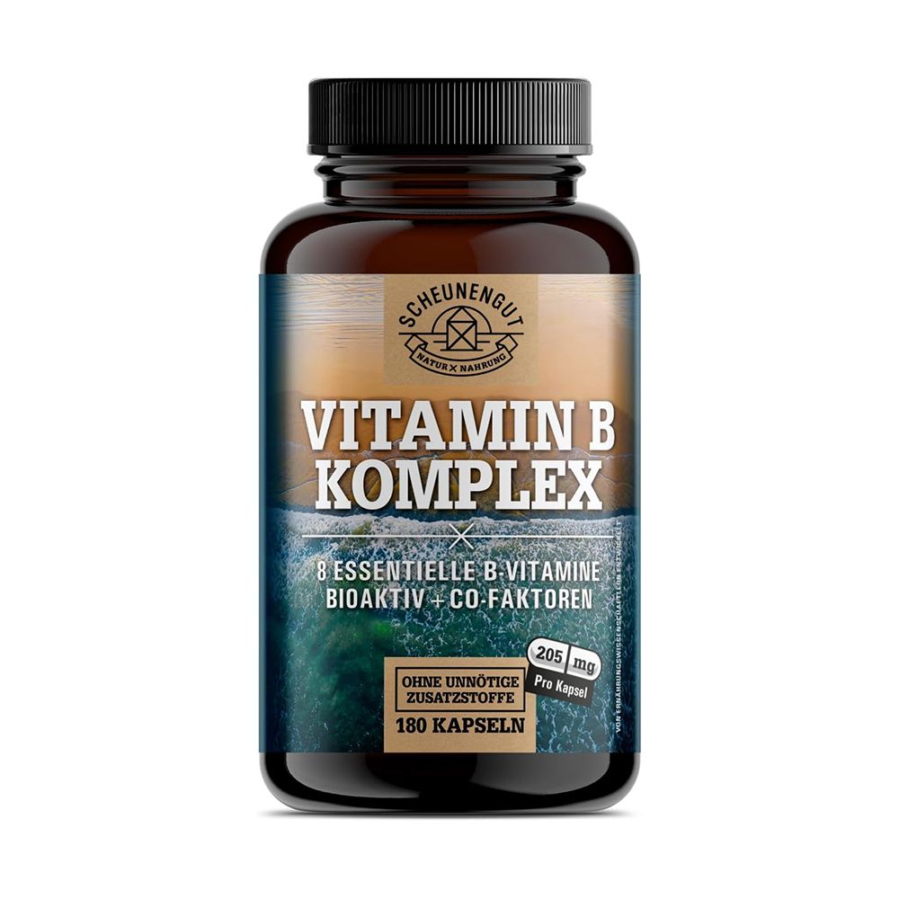 Braune Glasflasche mit Scheunengut Vitamin B Komplex Etikett, 180 Kapseln.