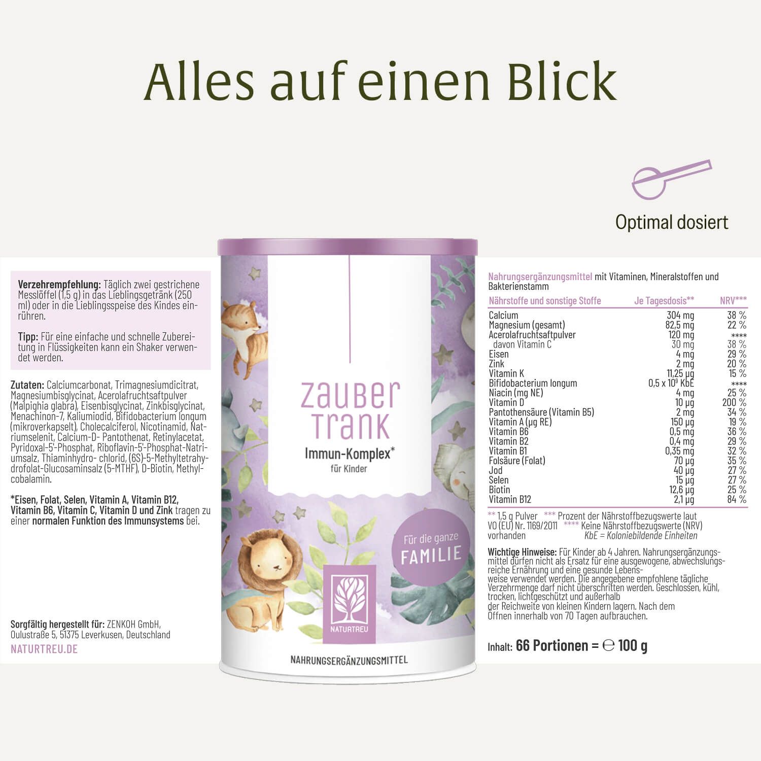 Dose 'Zaubertrank Immun-Komplex für Kinder'. Text: '66 Portionen', '100 g'. Nährwertangaben.