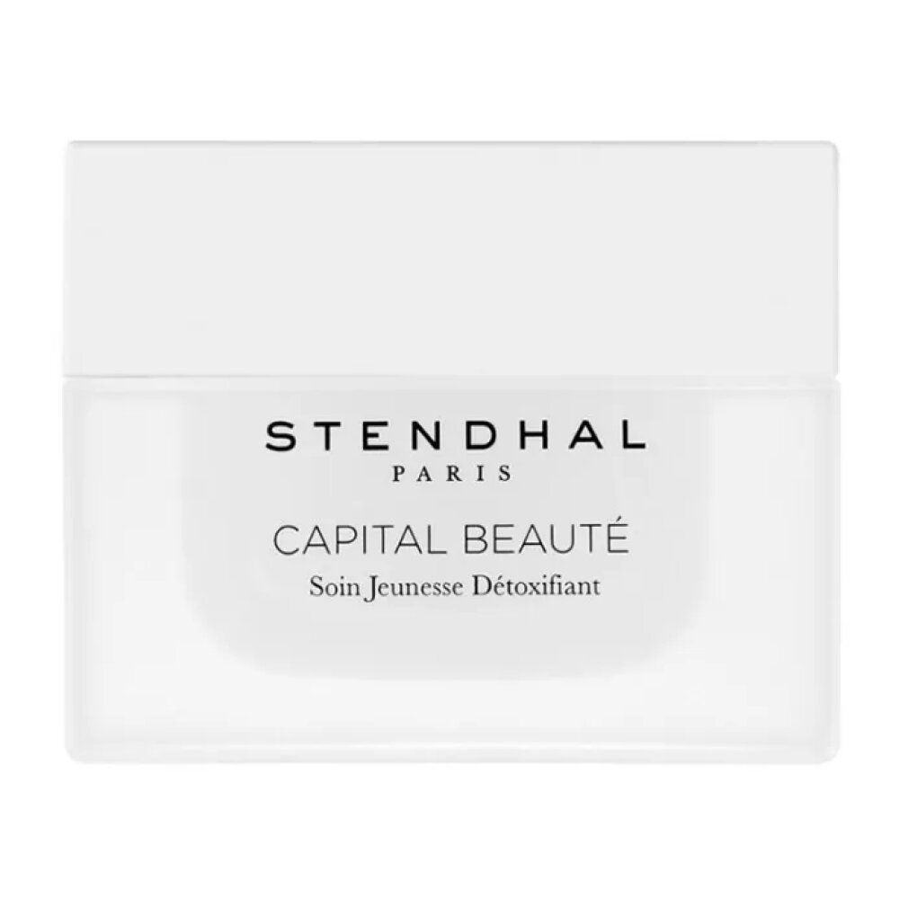 Weißer Tiegel mit Deckel. Aufschrift: STENDHAL PARIS, CAPITAL BEAUTÉ, Soin Jeunesse Détoxifiant.