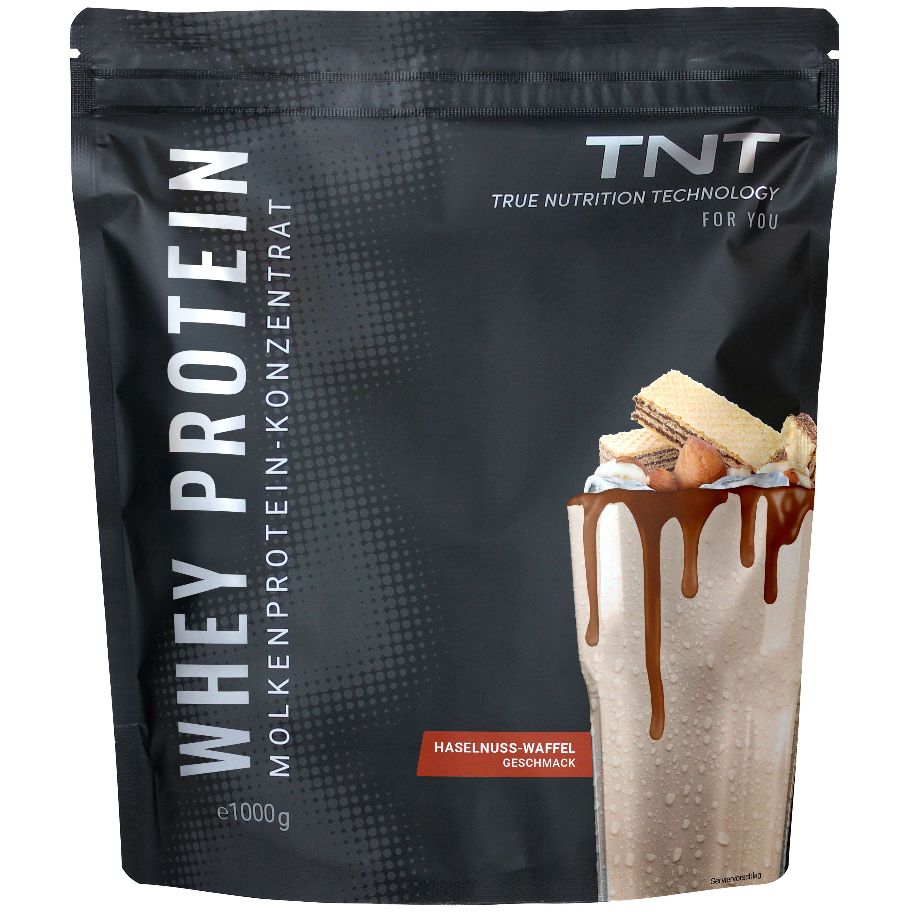 Schwarze Tüte mit TNT Whey Protein Konzentrat. Aufdruck: Haselnuss-Waffel Geschmack. Abbildung eines Shakes mit Waffelstückchen.