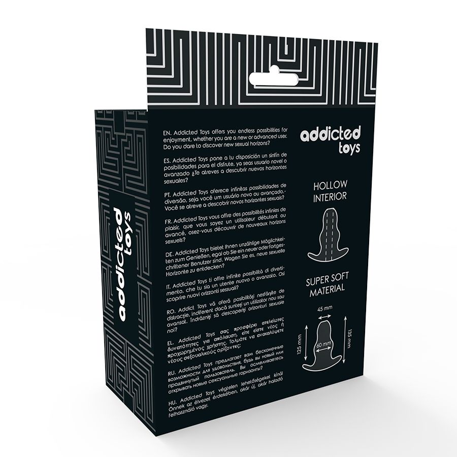 Schwarze Verpackung von Addicted Toys. Text: 'HOLLOW INTERIOR', 'SUPER SOFT MATERIAL'. Produktabbildung und Maße.