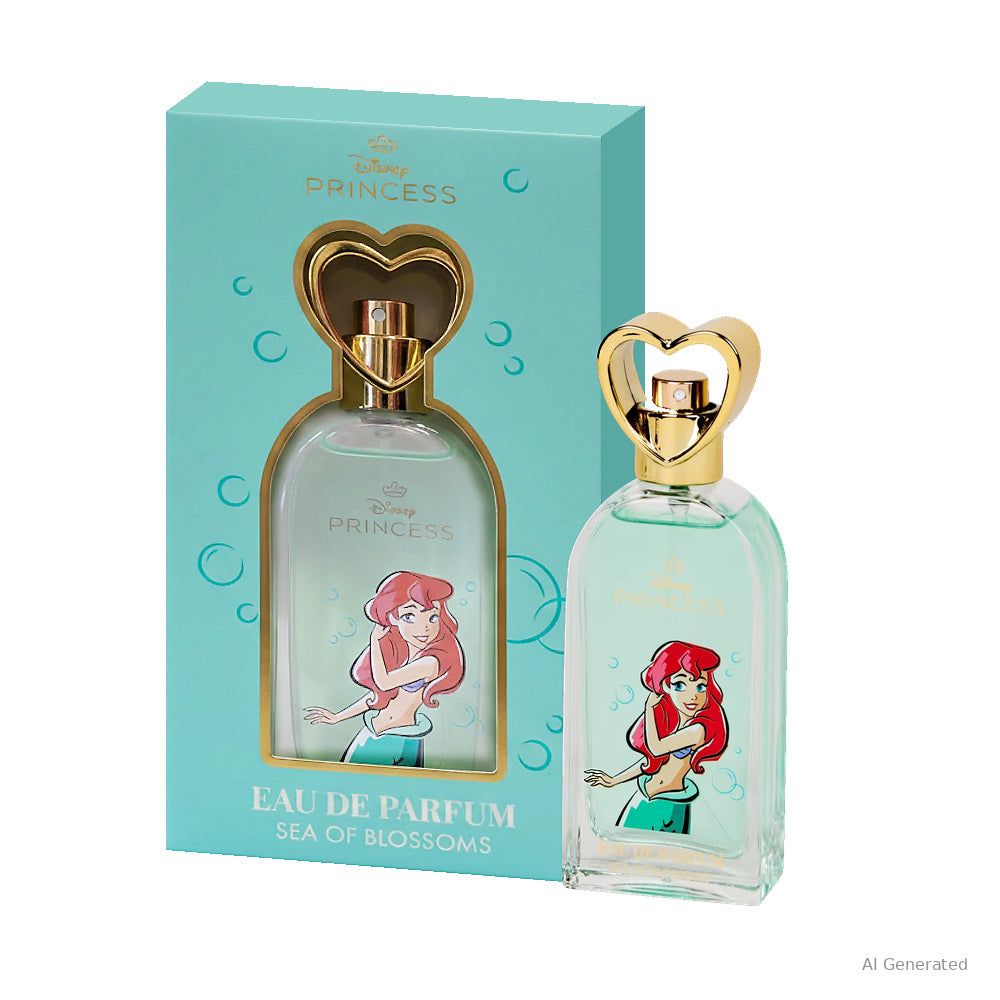 Disney Princess Ariel Sea of Blossoms Eau de Parfum Flakon mit Herzverschluss und Ariel-Illustration.