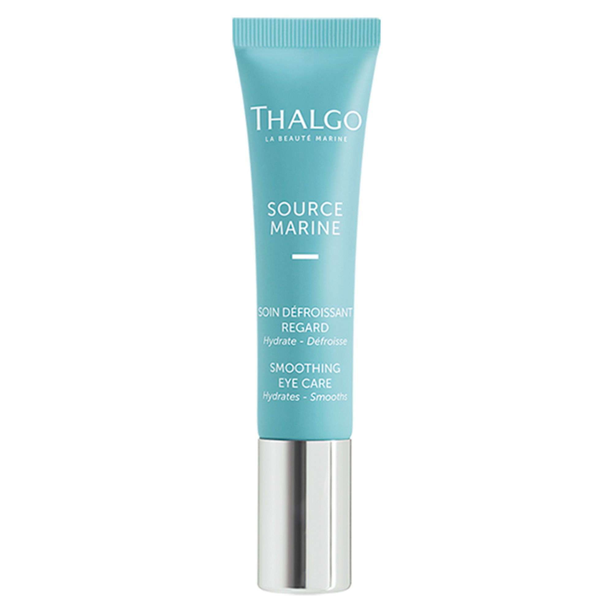 Türkisfarbene Tube mit silbernem Verschluss. Aufschrift: THALGO, SOURCE MARINE, SOIN DÉFROISSANT REGARD, Smoothing Eye Care.