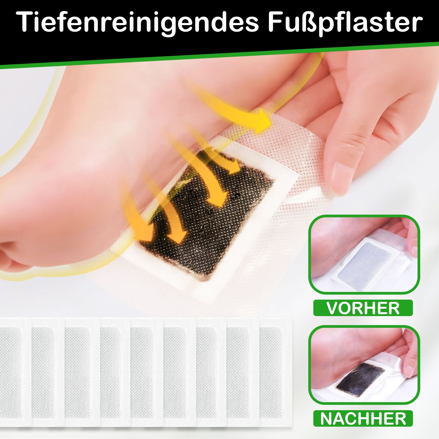 ALIVER Fußpflaster auf einem Fuß. Vorher-Nachher-Vergleich. Pfeile zeigen die Wirkung.
