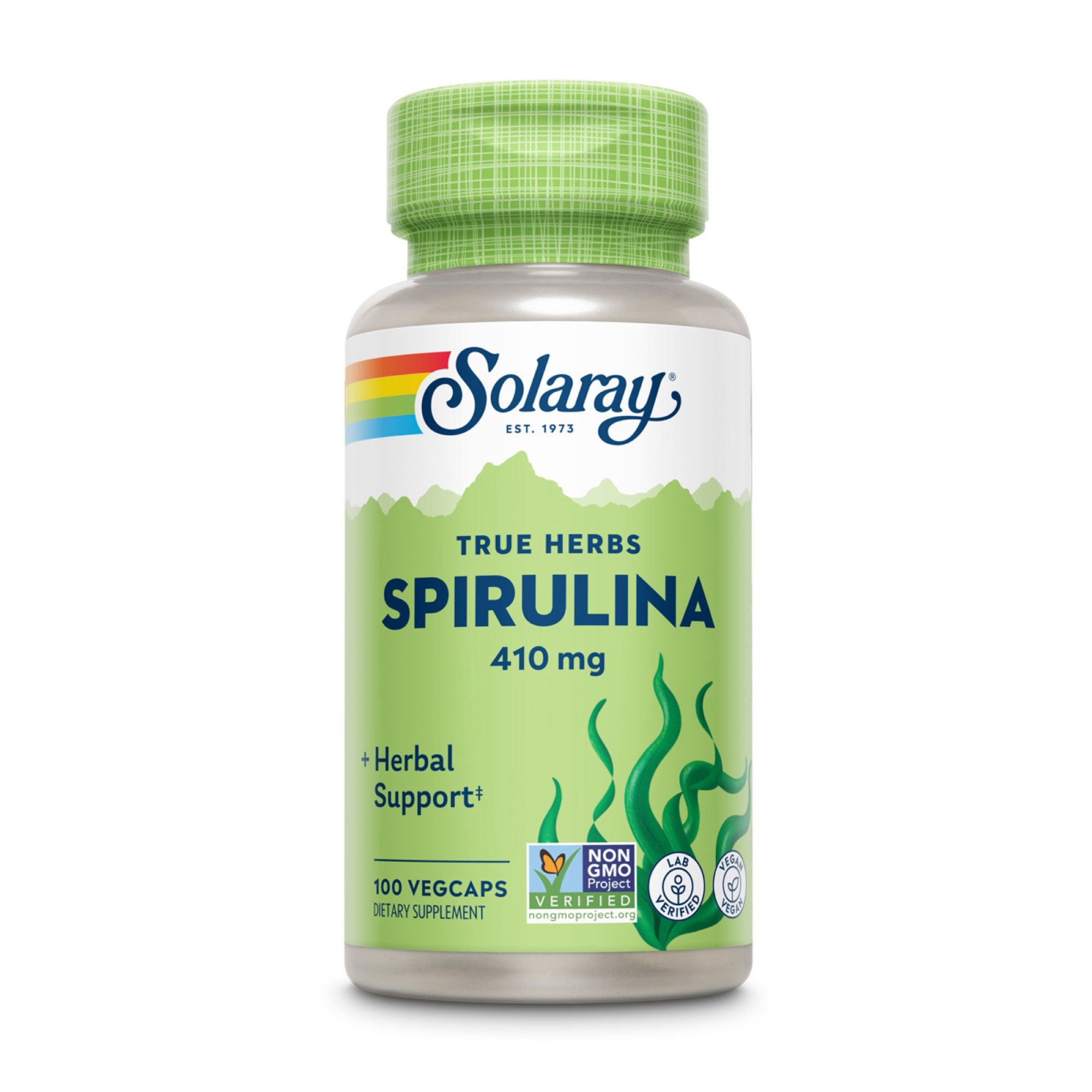 Solaray Spirulina 410 mg Flasche. Grüne Kapseln, grüner Deckel. Text: 100 Vegcaps, Herbal Support, Non GMO.