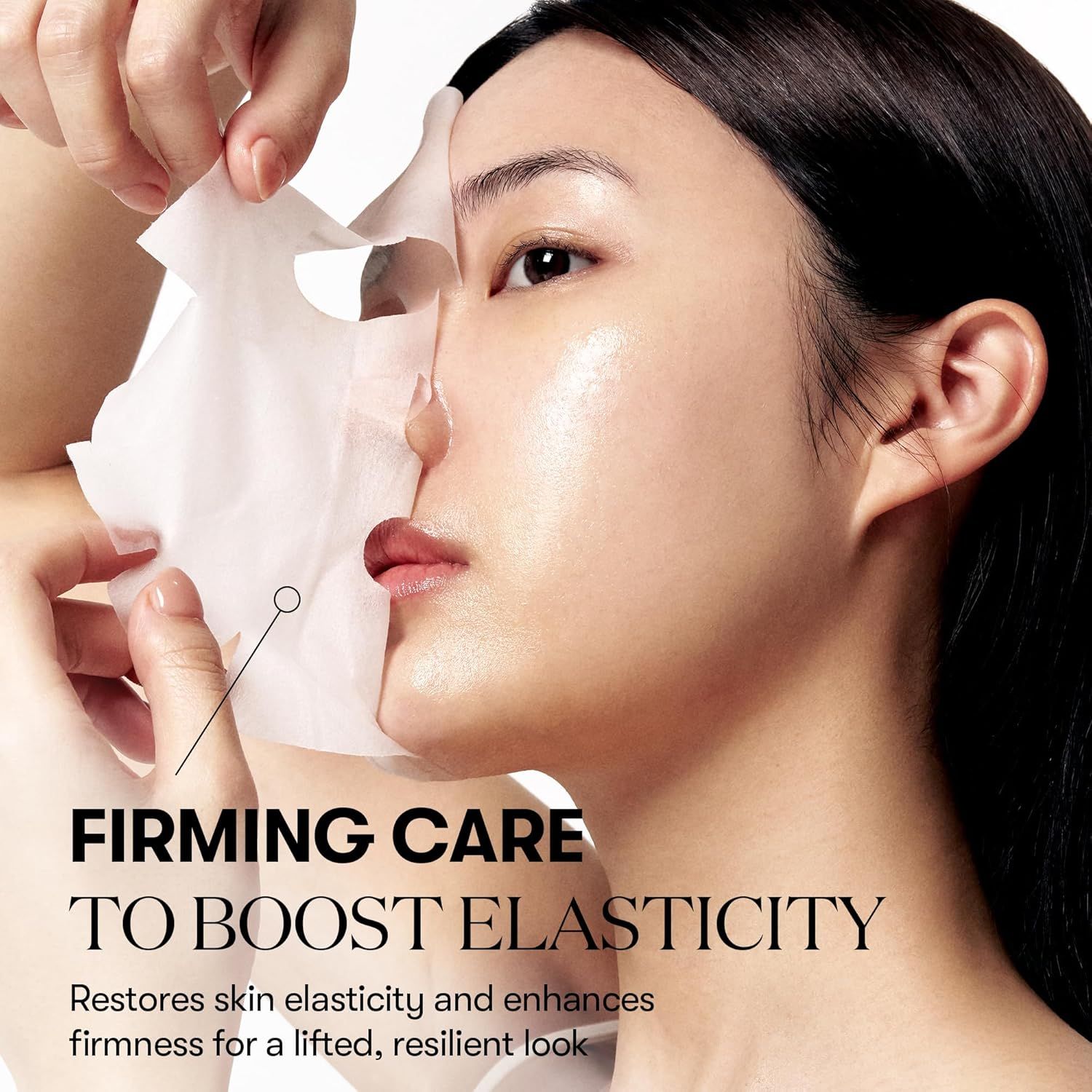 Person hält eine Maske auf ihr Gesicht. Text: Firming Care To Boost Elasticity.
