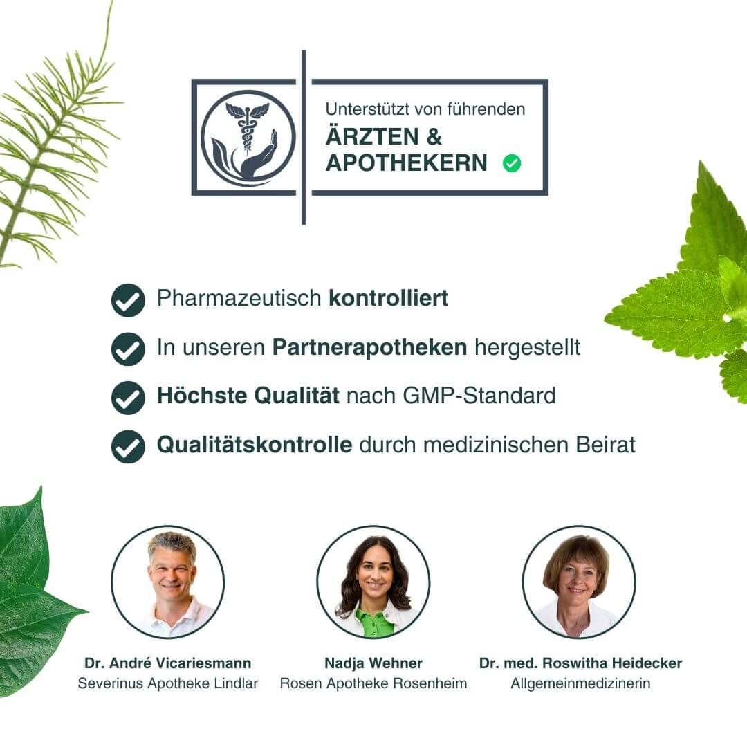 Text: 'Unterstützt von führenden Ärzten & Apothekern'. Pharmazeutisch kontrolliert. Hergestellt in Partnerapotheken. Höchste Qualität nach GMP.