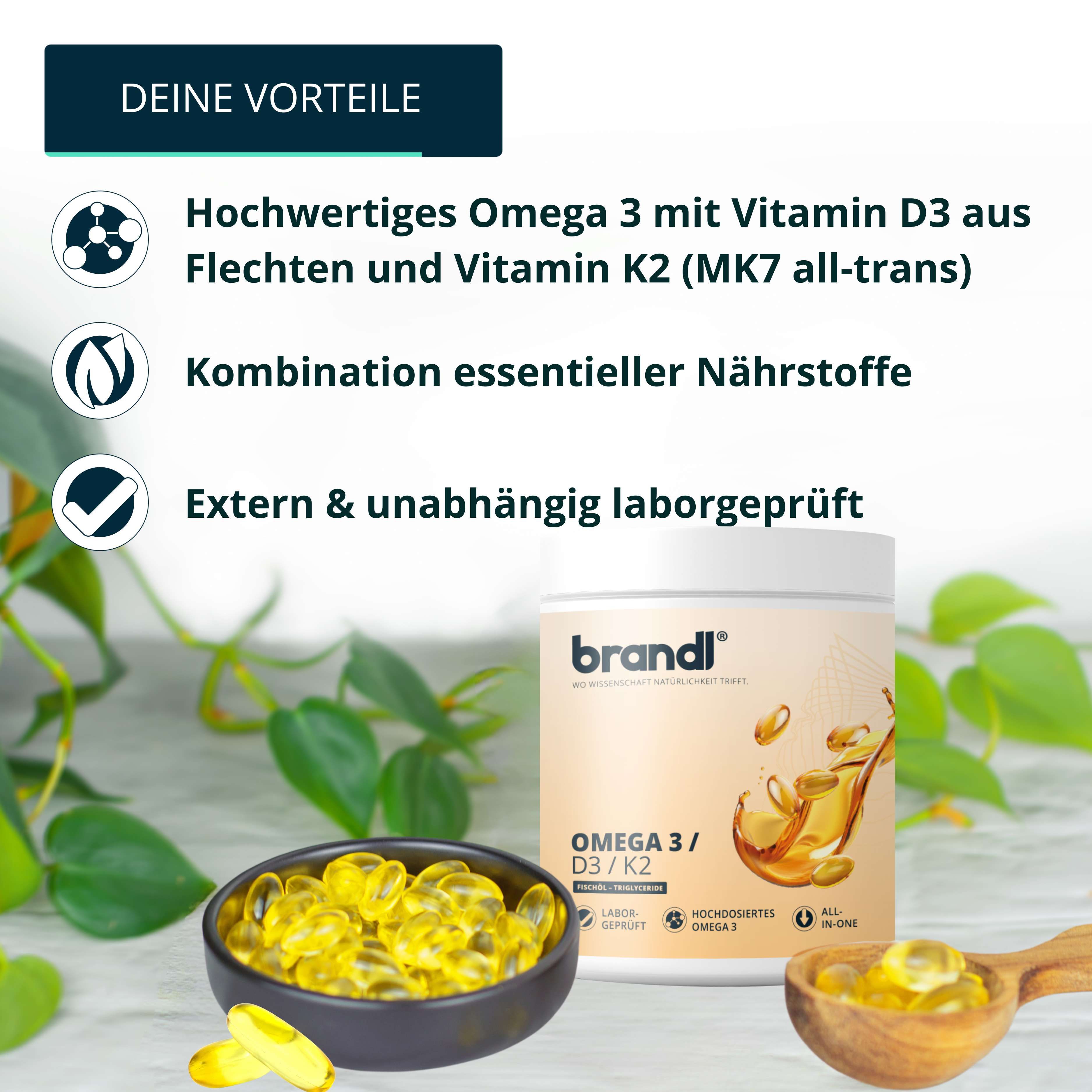 brandl® Omega 3 D3 K2 Kapseln aus Fischöl | EPA DHA im 2:1 Verhältnis
