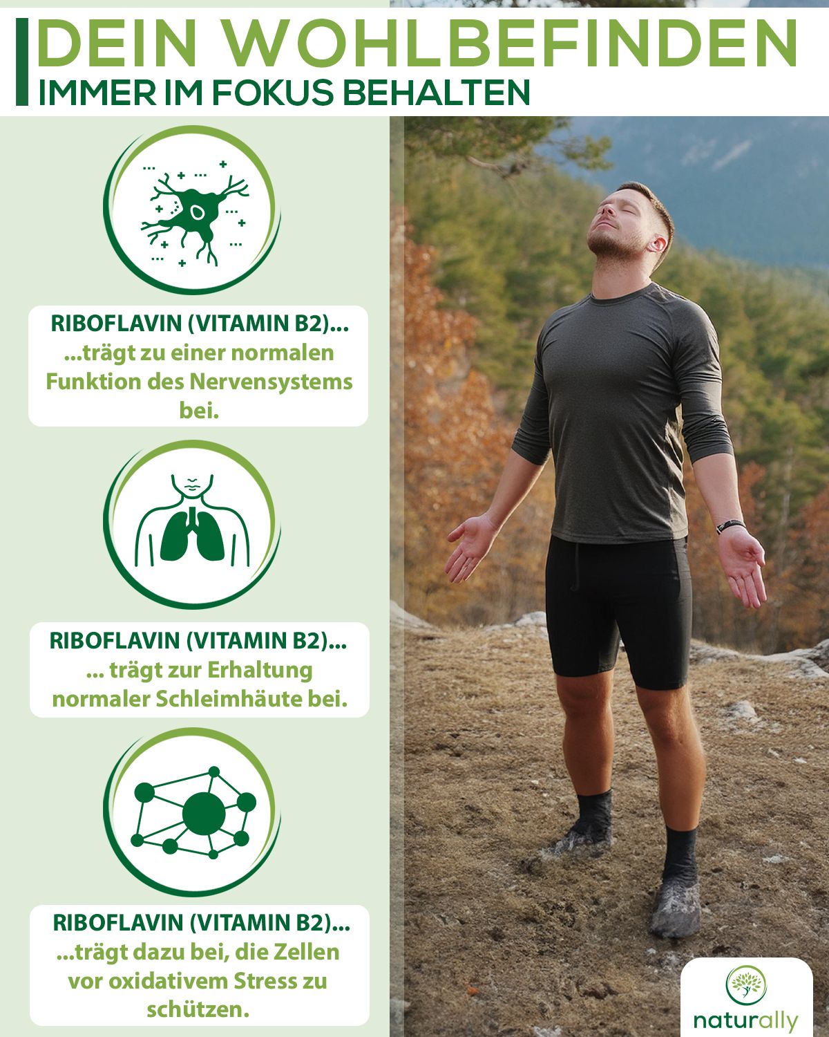 Mann im Freien. Text: Riboflavin (Vitamin B2) unterstützt Nerven- und Schleimhautfunktion, schützt Zellen vor oxidativem Stress.