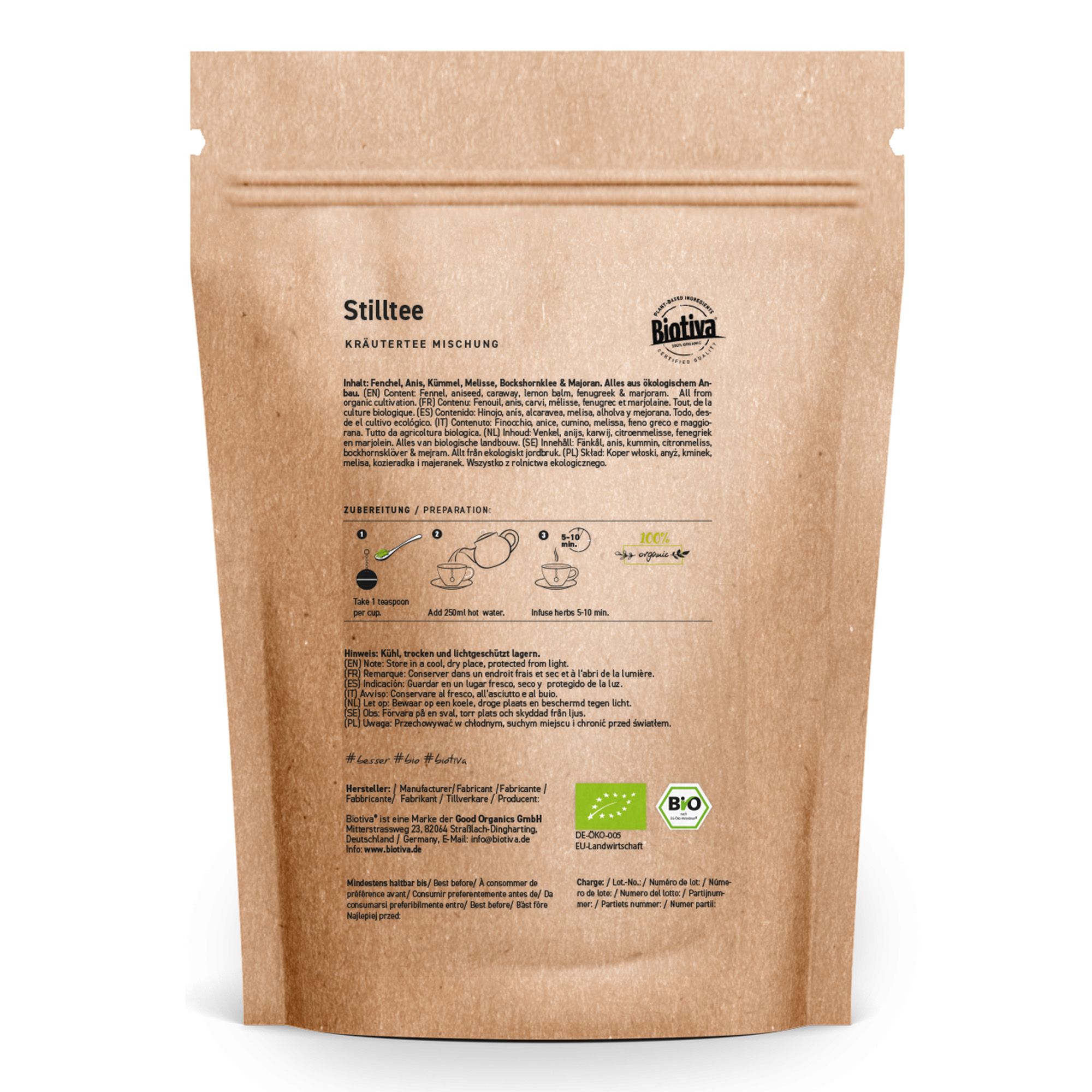 Braune Papierverpackung mit Aufdruck. Text: Stilltee, Kräutermischung. Bio-Siegel. Marke: Biotiva.