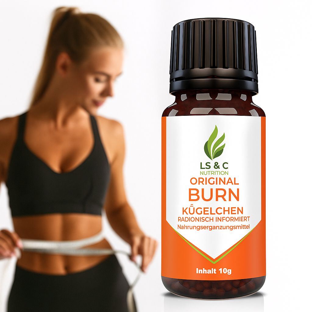 Frau misst ihren Bauchumfang. Braune Glasflasche mit Etikett und Produktinformationen.