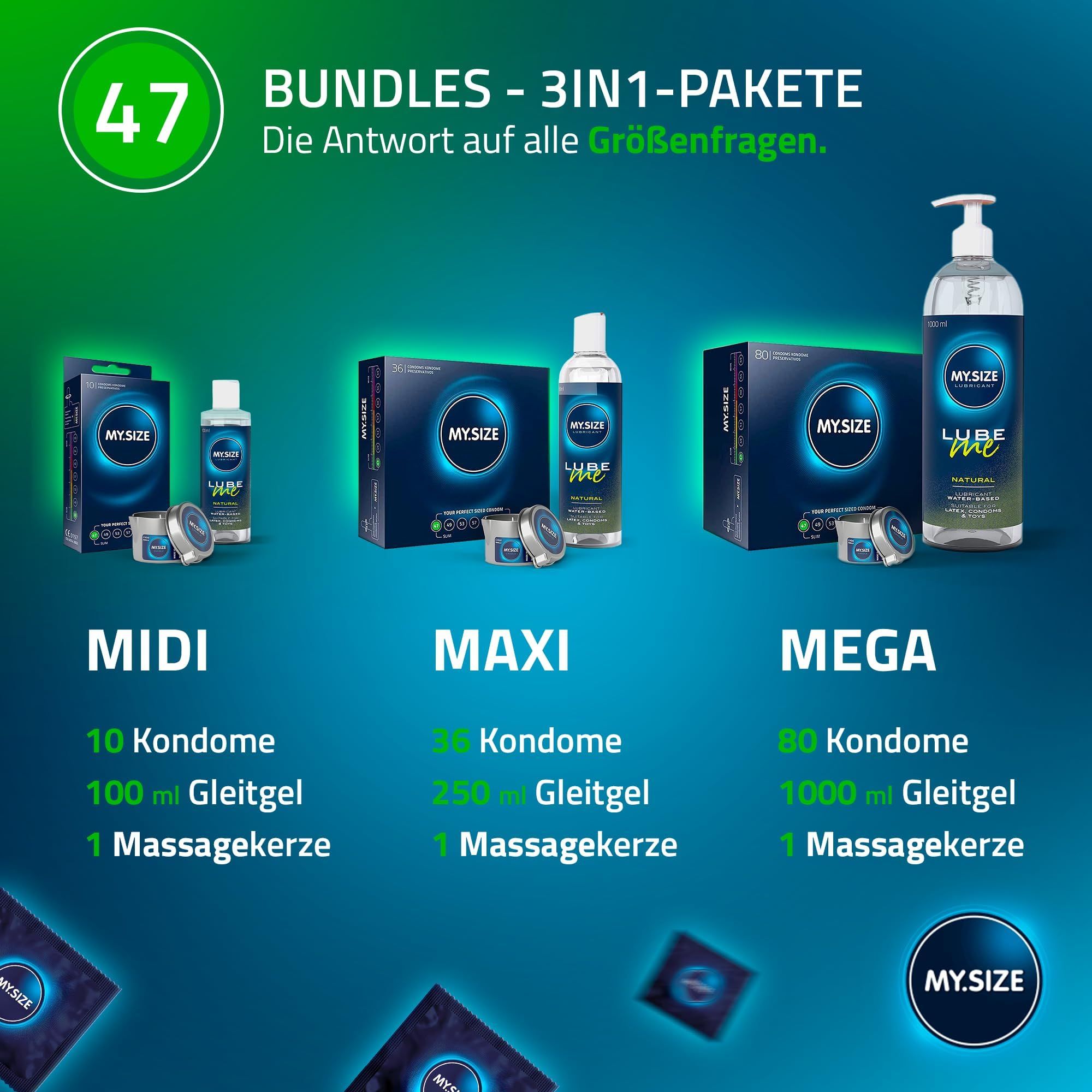 Drei Bundles mit Kondomen und Gleitgel: MIDI (10 Kondome, 100ml Gleitgel), MAXI (35 Kondome, 250ml Gleitgel), MEGA (80 Kondome, 1000ml Gleitgel).