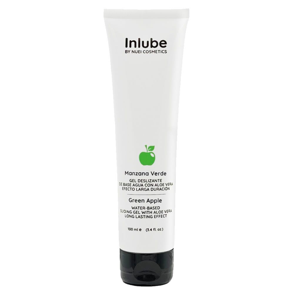 Weiße Tube mit schwarzem Deckel. Aufschrift: Inlube, Manzana Verde, Green Apple. Produktbezeichnung und Logo.