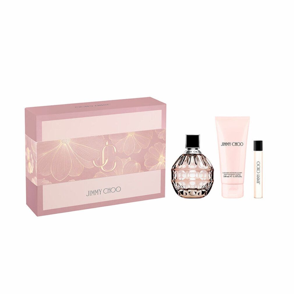 Geschenkset mit Parfümflakon, Miniatur, Körperlotion und Verpackung. Rosa Box mit Jimmy Choo Logo. Flakon mit schwarzem Verschluss.