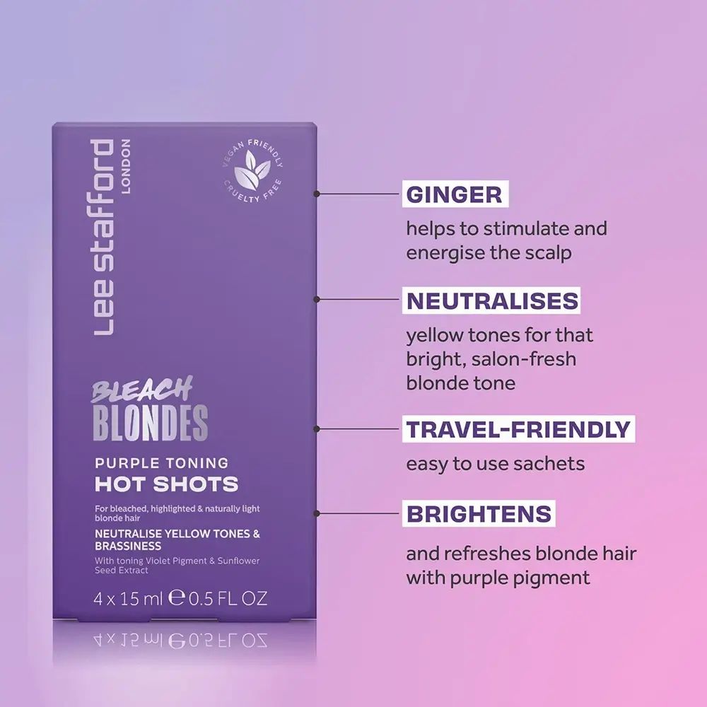Lila Verpackung von Lee Stafford Bleach Blondes Hot Shots. Text: Neutralisiert Gelbtöne, vegan, tierversuchsfrei.