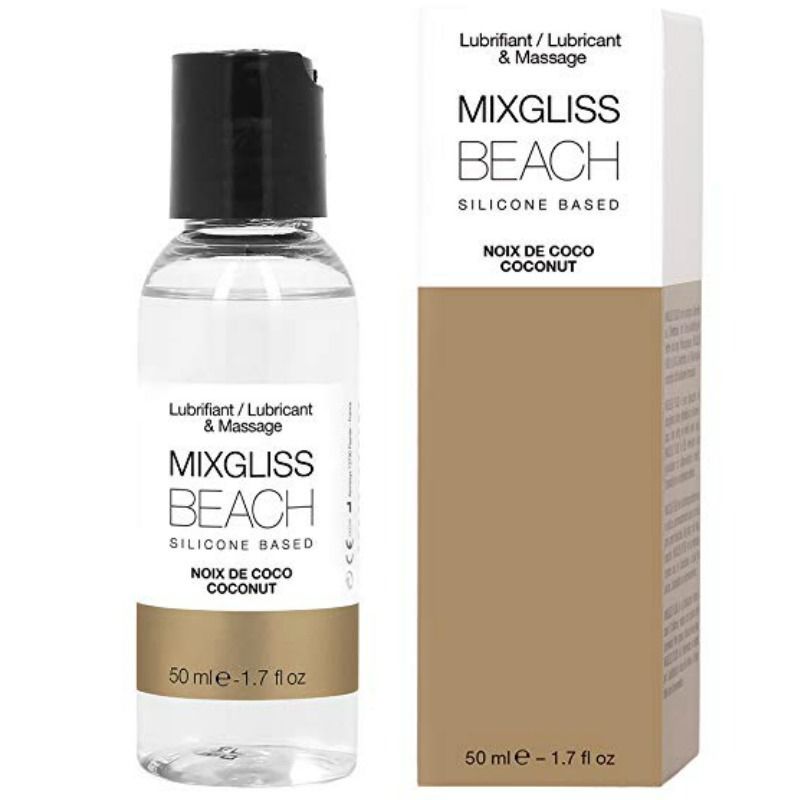 Transparente Flasche und Verpackung. Aufschrift: Mixgliss Beach, Kokosnuss. Flasche: schwarzer Deckel, goldfarbener Teil. 50 ml.