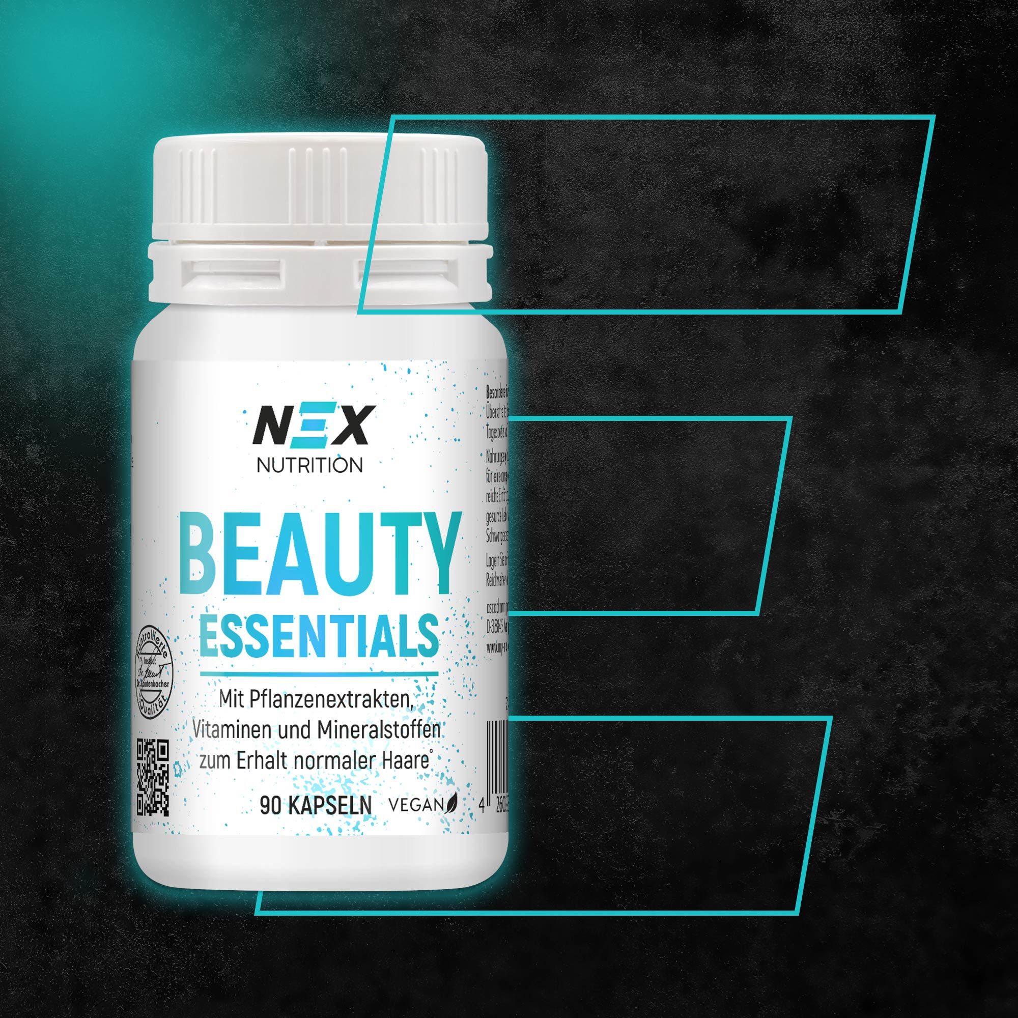 Weiße Flasche mit NEX Nutrition Beauty Essentials. Aufschrift: Beauty Essentials, 90 Kapseln, vegan. Schwarzer Hintergrund mit blauen Linien.