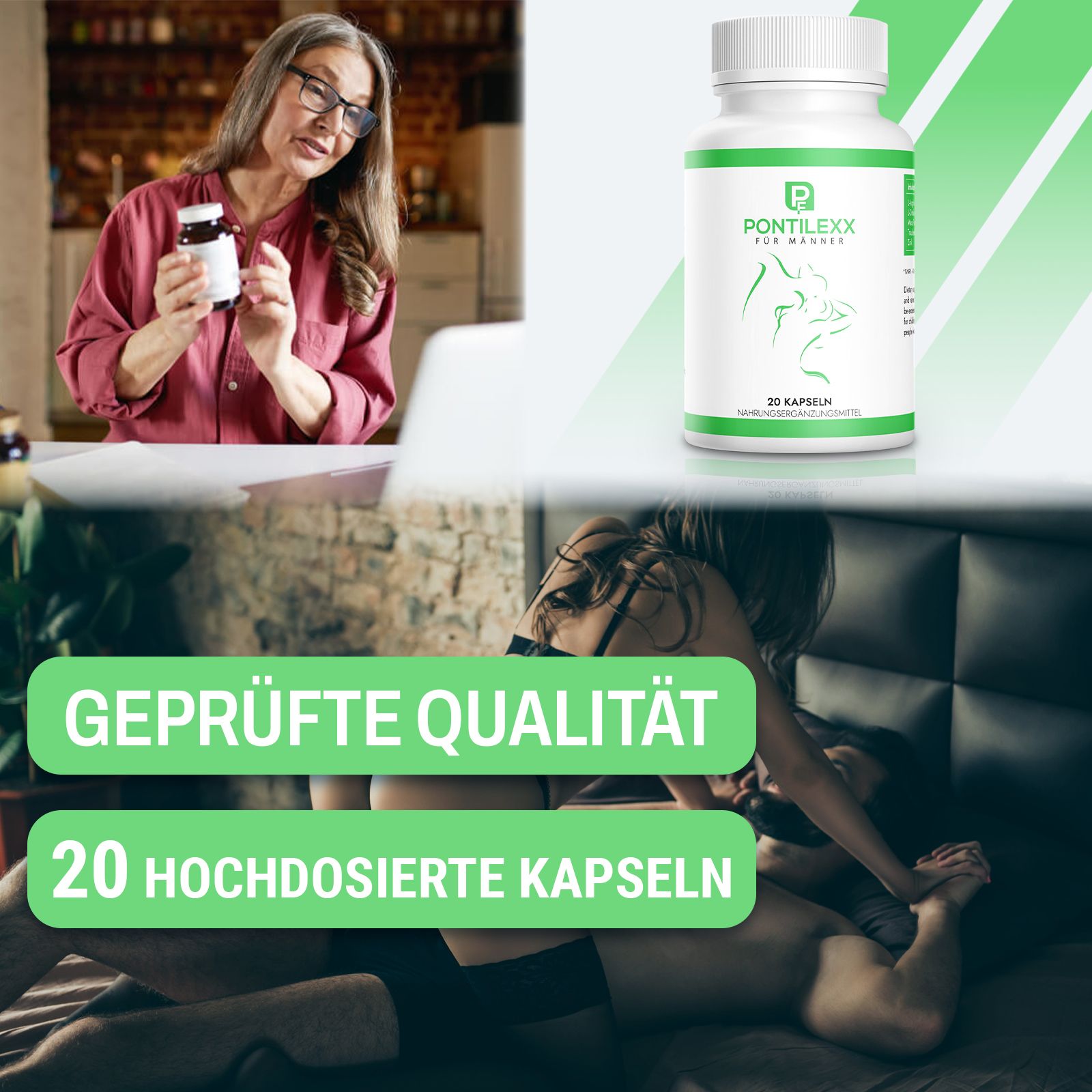 Frau hält eine weiße Flasche mit grünem Etikett. Aufschrift: Pontilexx für Männer. 20 Kapseln. Text: Geprüfte Qualität. 20 hochdosierte Kapseln. Abbildung von Paaren.