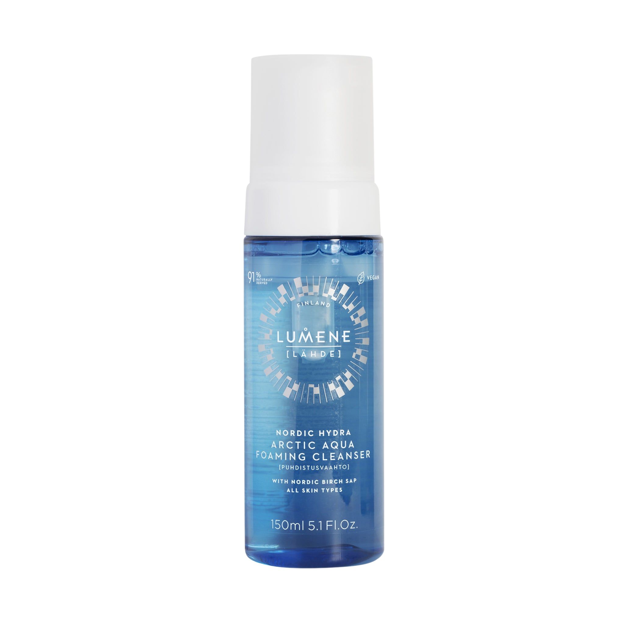 Blau-weiße Flasche mit Produktbezeichnung. Text: Lumene [LAHDE] Nordic Hydra Arctic Aqua Foaming Cleanser. 150ml.