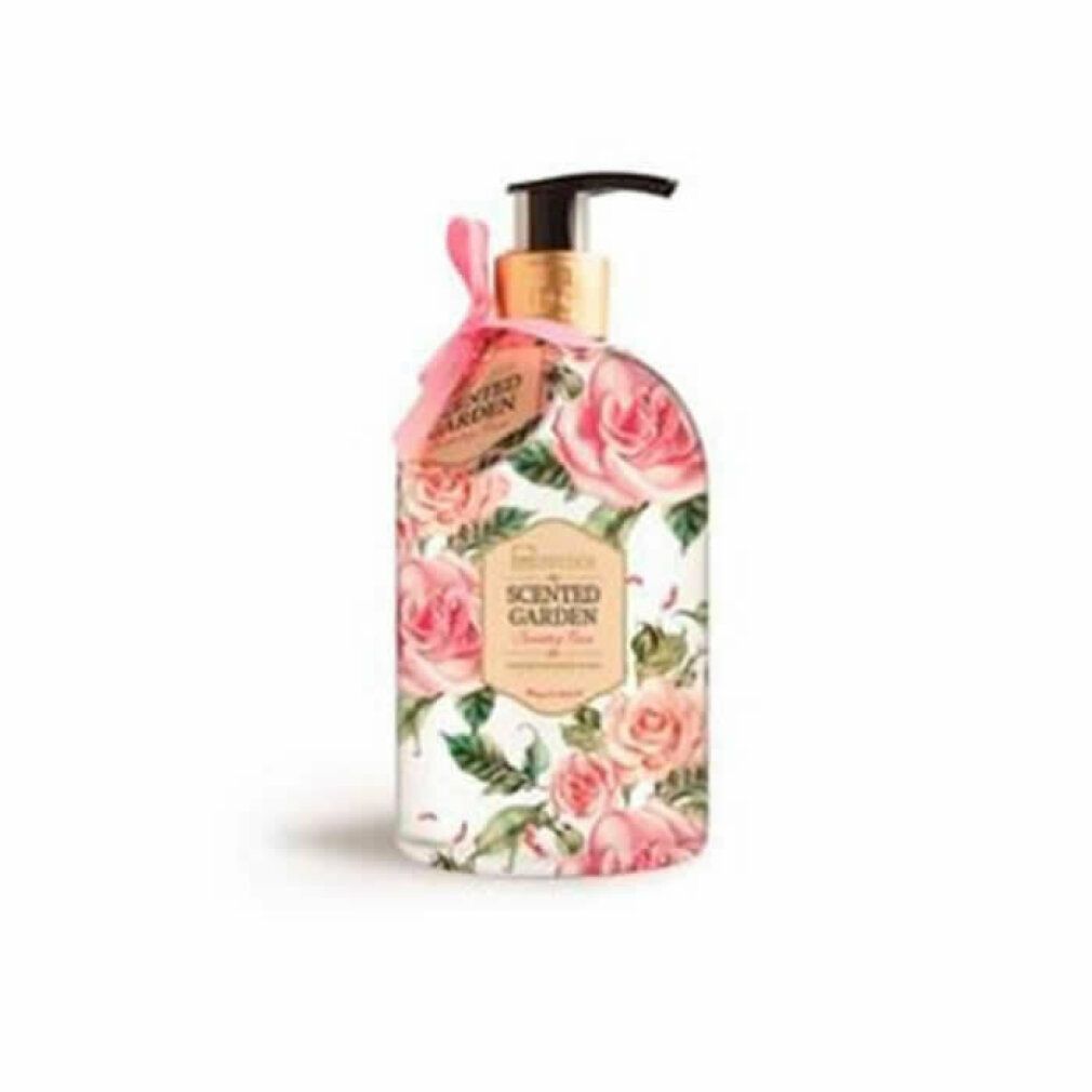 Flasche mit Rosenmuster und Dosierpumpe. Aufschrift: Scented Garden, Rose. Rosa Schleife und Anhänger.