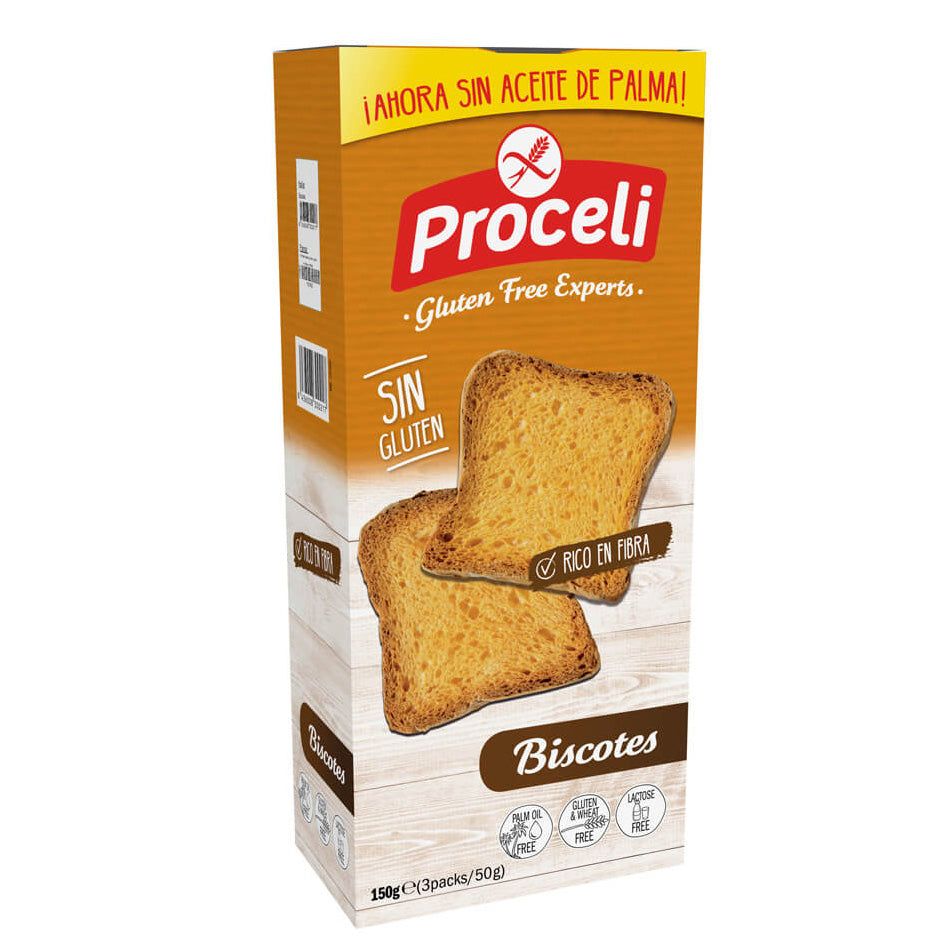 Verpackung mit glutenfreien Zwieback-Toast. Aufschrift: Proceli, Gluten Free Experts, ohne Gluten, reich an Ballaststoffen. 150g.