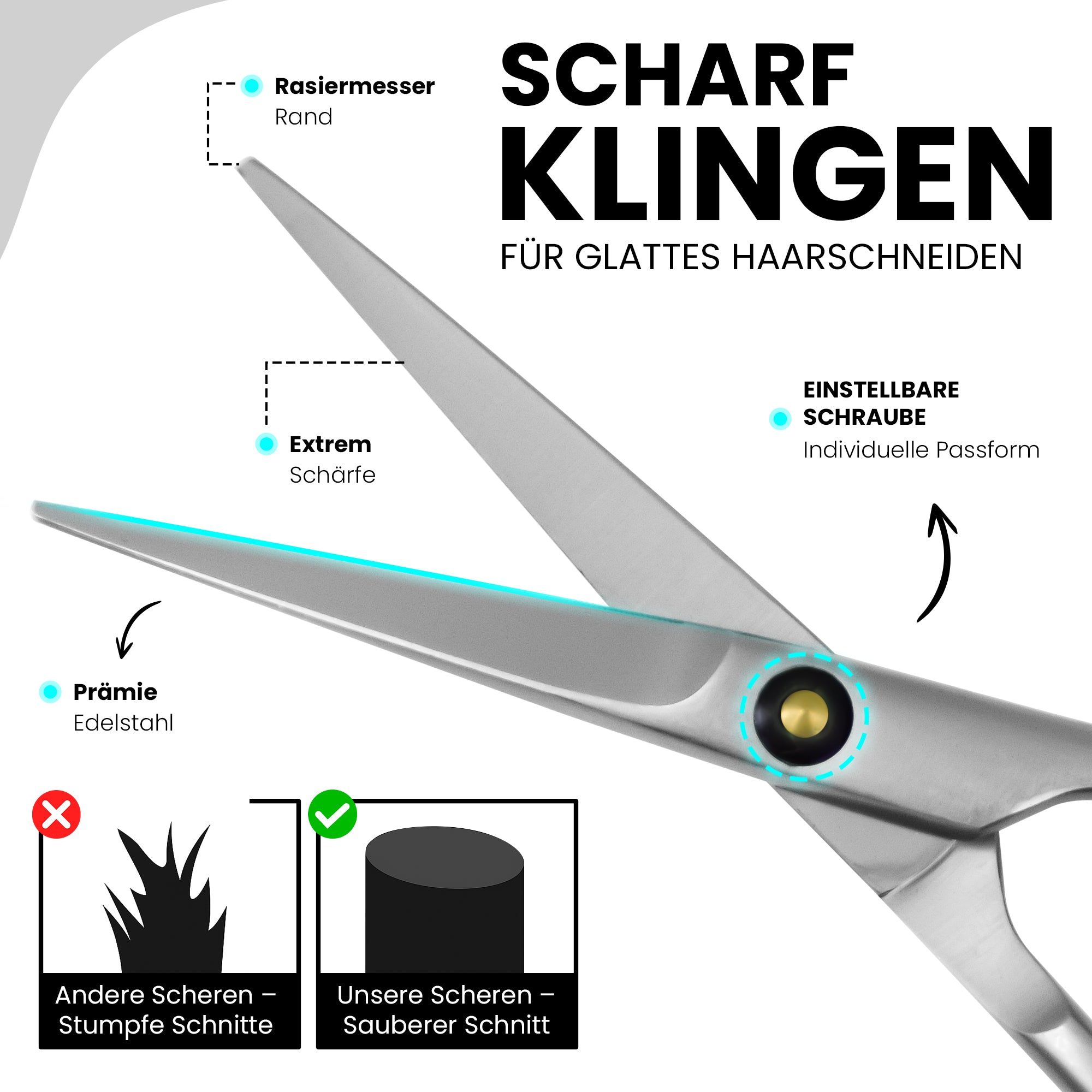 Friseurschere aus Edelstahl. Detailansicht der Klinge mit Beschriftungen: 'Scharf Klingen', 'Einstellbare Schraube', 'Extrem Schärfe'.