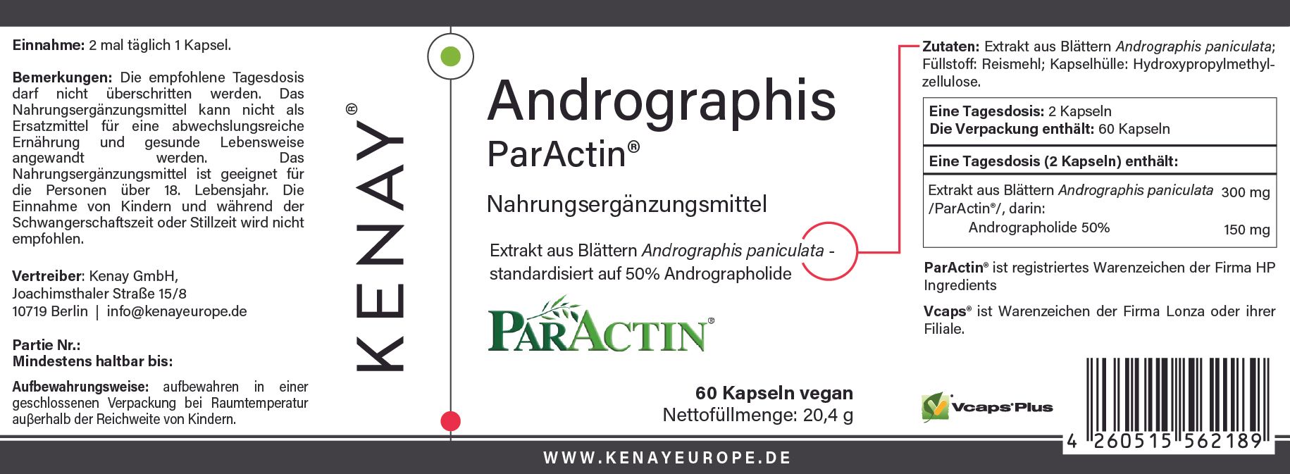 Etikett mit Produktinformationen. Andrographis ParActin® KENAY®. 60 Kapseln. Vegan. Inhaltsstoffe und Nährwertangaben.
