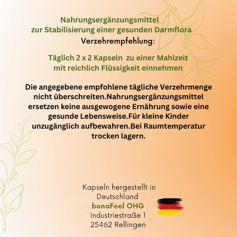 Hinweistext zu BONAVAL Renova Pur. Empfohlene Dosierung: 2x2 Kapseln täglich. Enthält Informationen zur Aufbewahrung und Herstellerangaben. Text auf Deutsch.