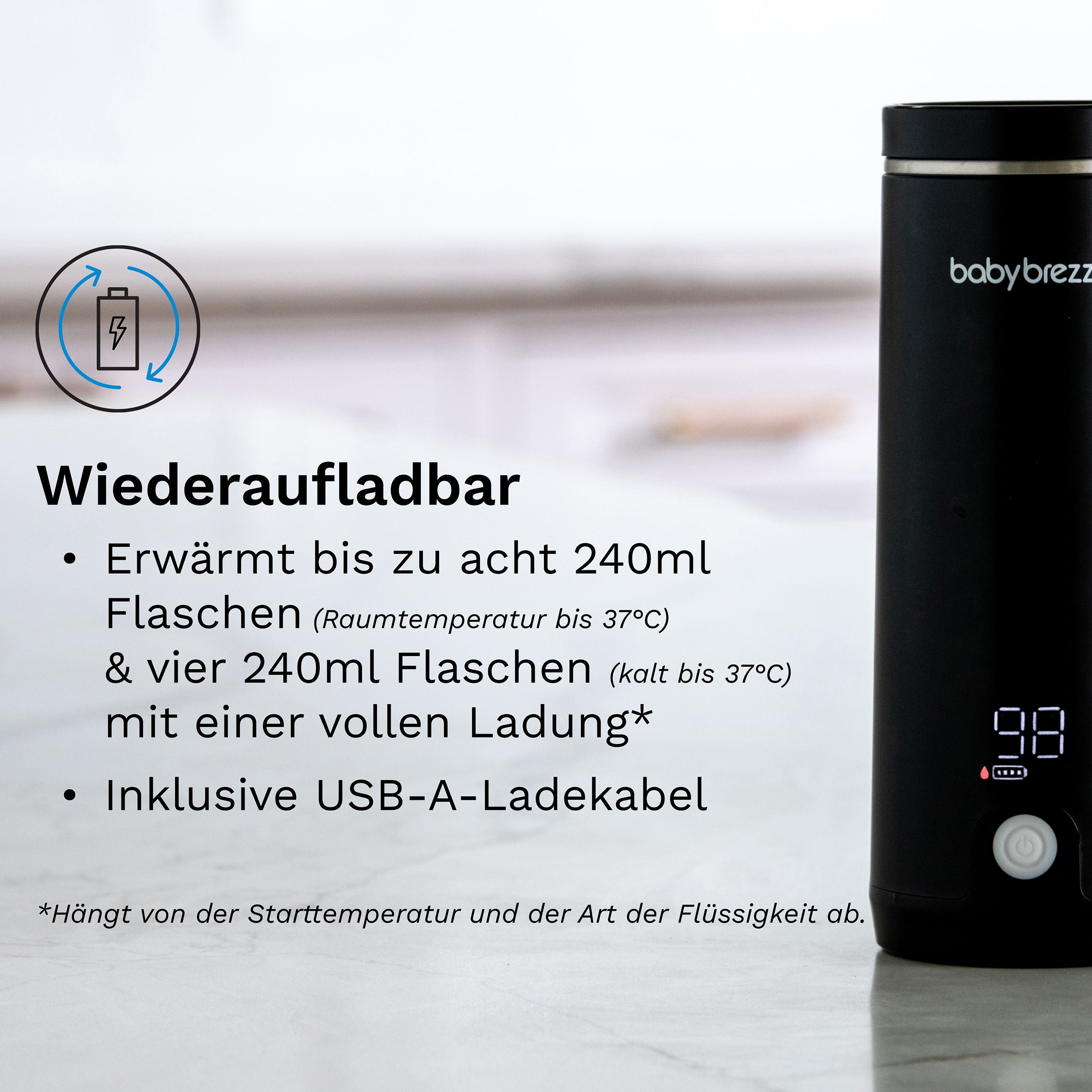 Schwarzer Wasserwärmer mit digitaler Anzeige von 98%. Text: "Wiederaufladbar". Inklusive USB-A-Ladekabel.