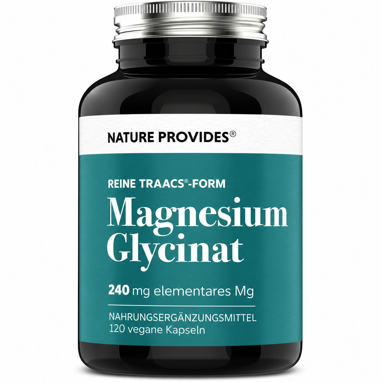Glasflasche mit Magnesiumglycinat-Nahrungsergänzungsmittel, 120 vegane Kapseln.