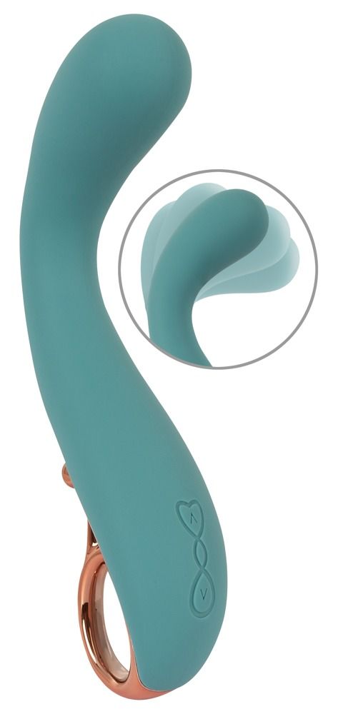 Türkisfarbener Vibrator mit goldfarbenem Ring. Detailansicht der Spitze mit Bewegungspfeilen. Form: gebogen.