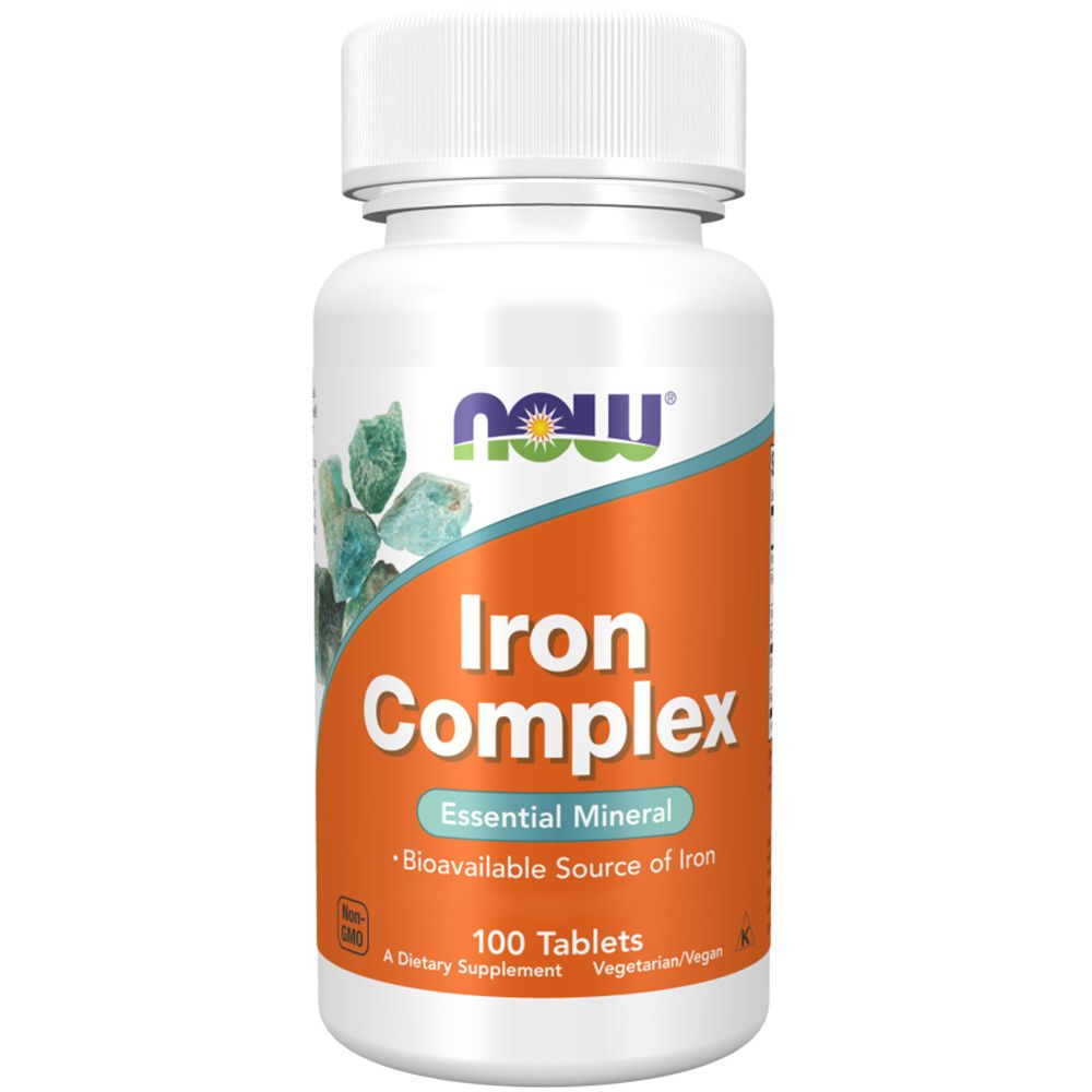 Weiße Flasche mit orangefarbenem Etikett. Aufschrift: Iron Complex, 100 Tabletten. Marke: NOW.