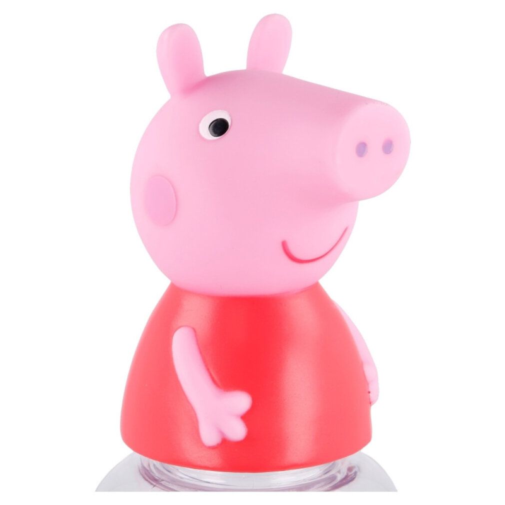 Rosa Peppa Pig-Figur mit rotem Kleid. Die Figur hat Ohren, Augen und einen lächelnden Mund. Teil einer transparenten Flasche.