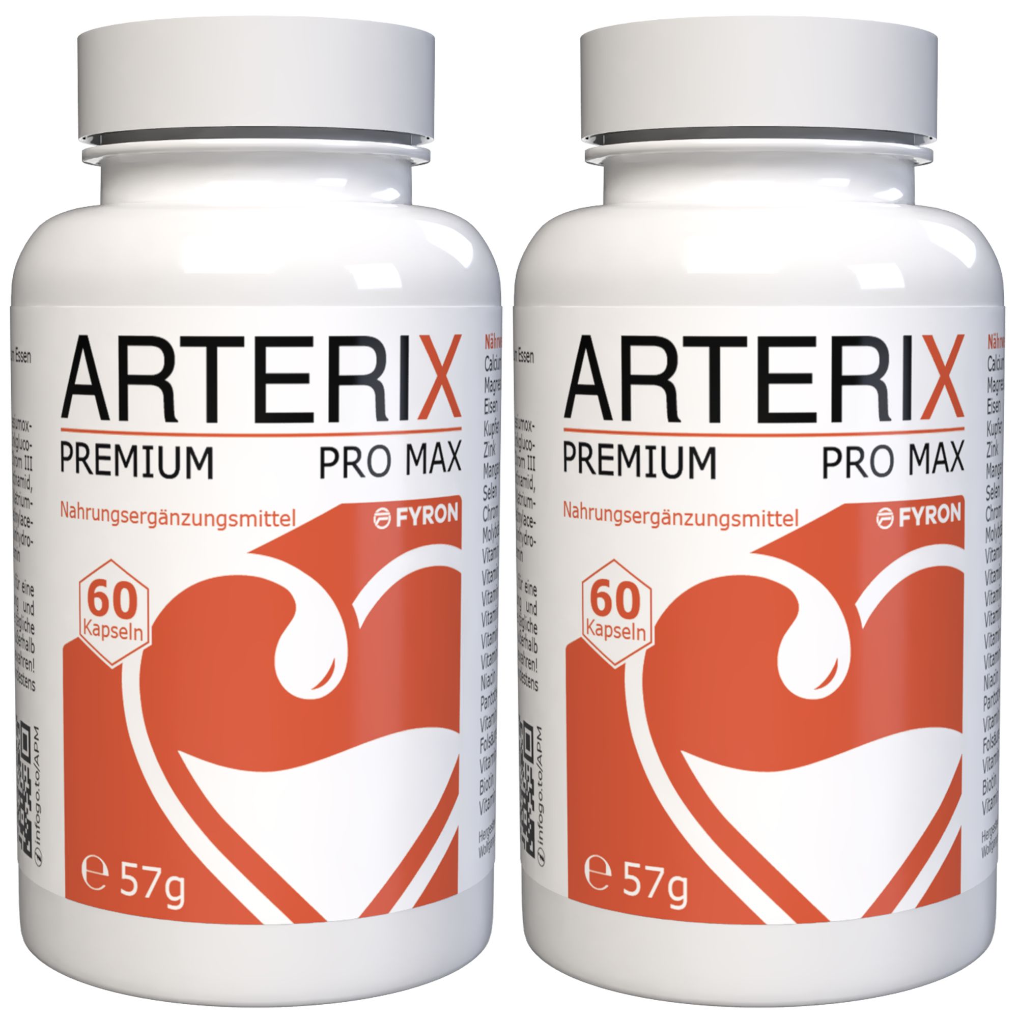 Zwei Flaschen 'ARTERIX PREMIUM PRO MAX' Nahrungsergänzungsmittel, je 60 Kapseln, 57g.