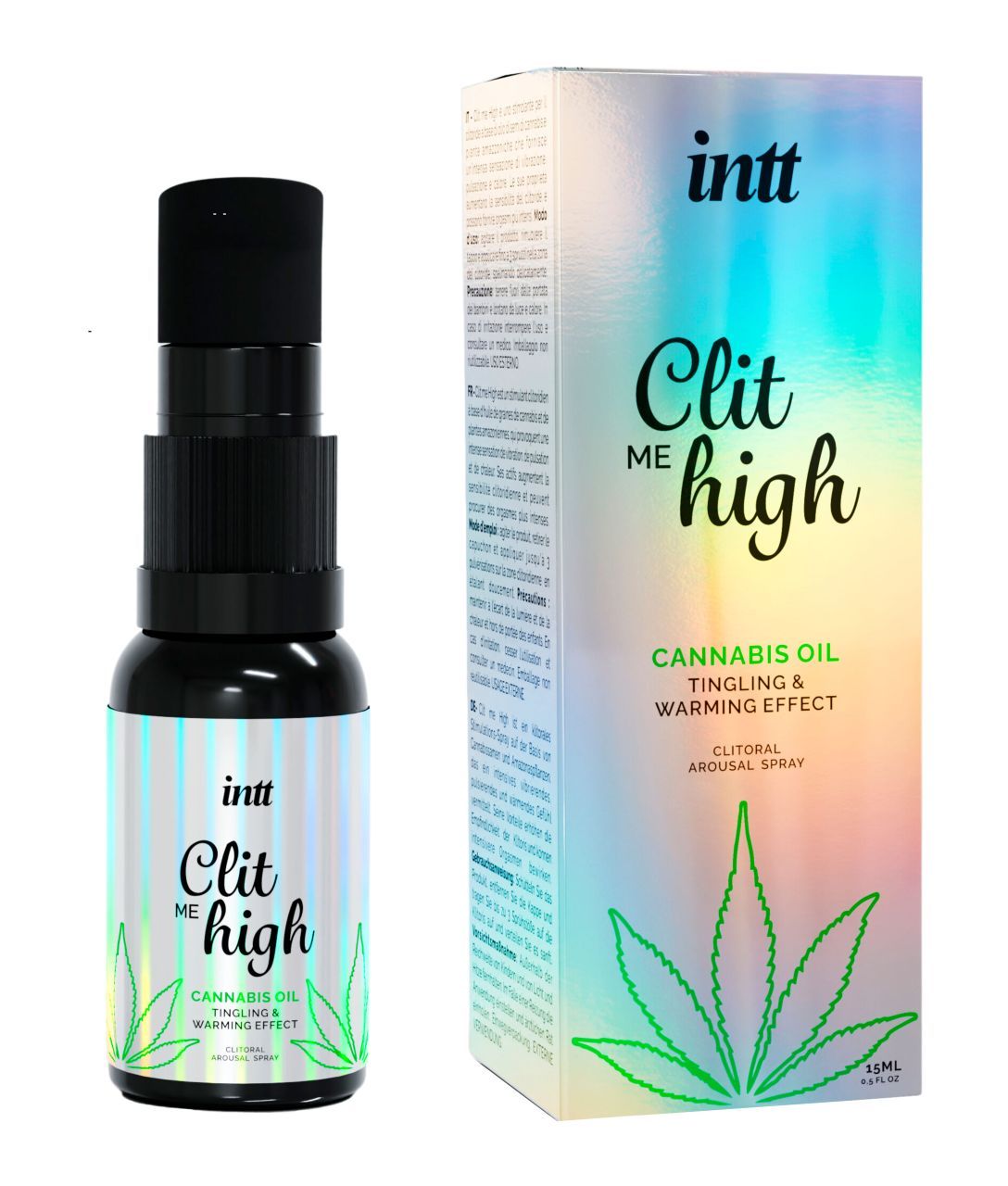 Schwarze Sprühflasche. Aufschrift: INTT, Clit Me High, Cannabis Oil. Cannabisblatt-Grafik. Flasche mit vertikalen Streifen.