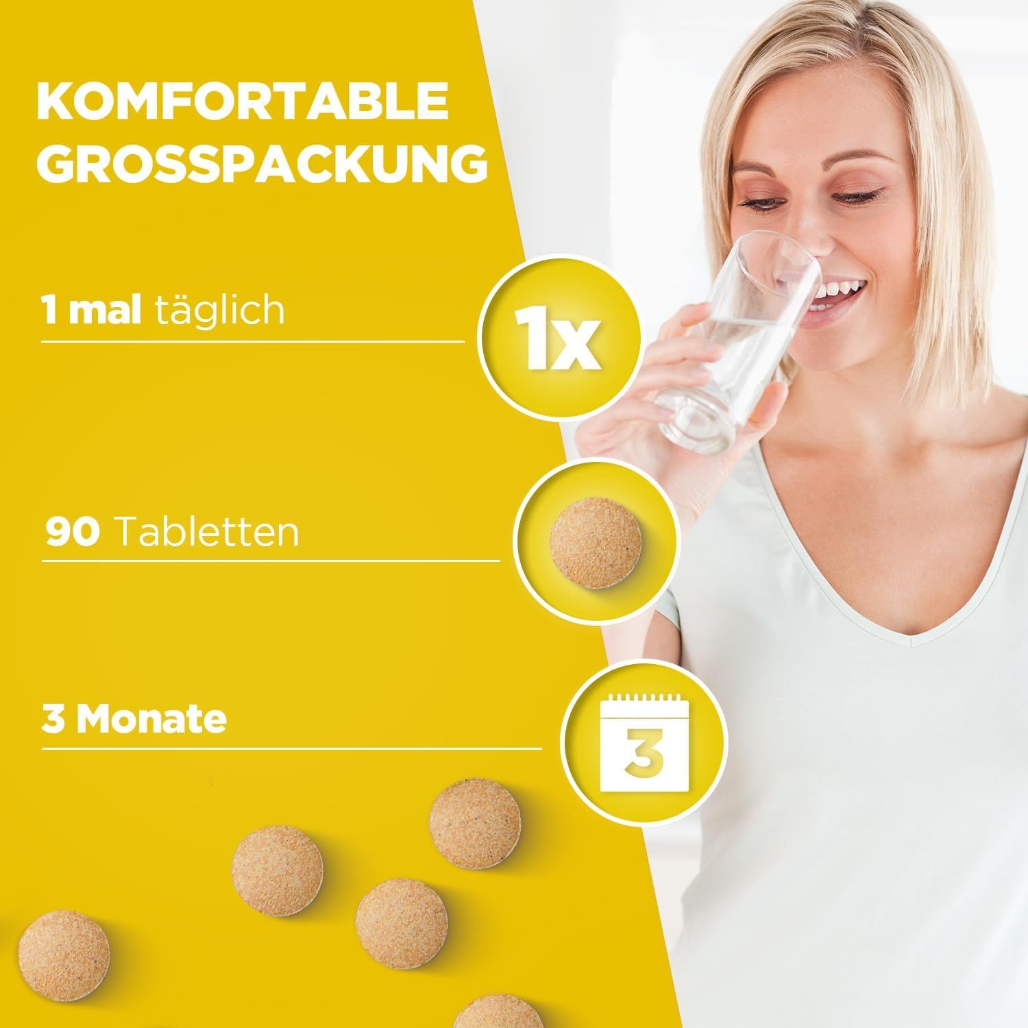 Frau trinkt Wasser und lächelt. Grafische Darstellung: 1x täglich, 90 Tabletten, 3 Monate. Tabletten von sanotact Glücksgefühl.