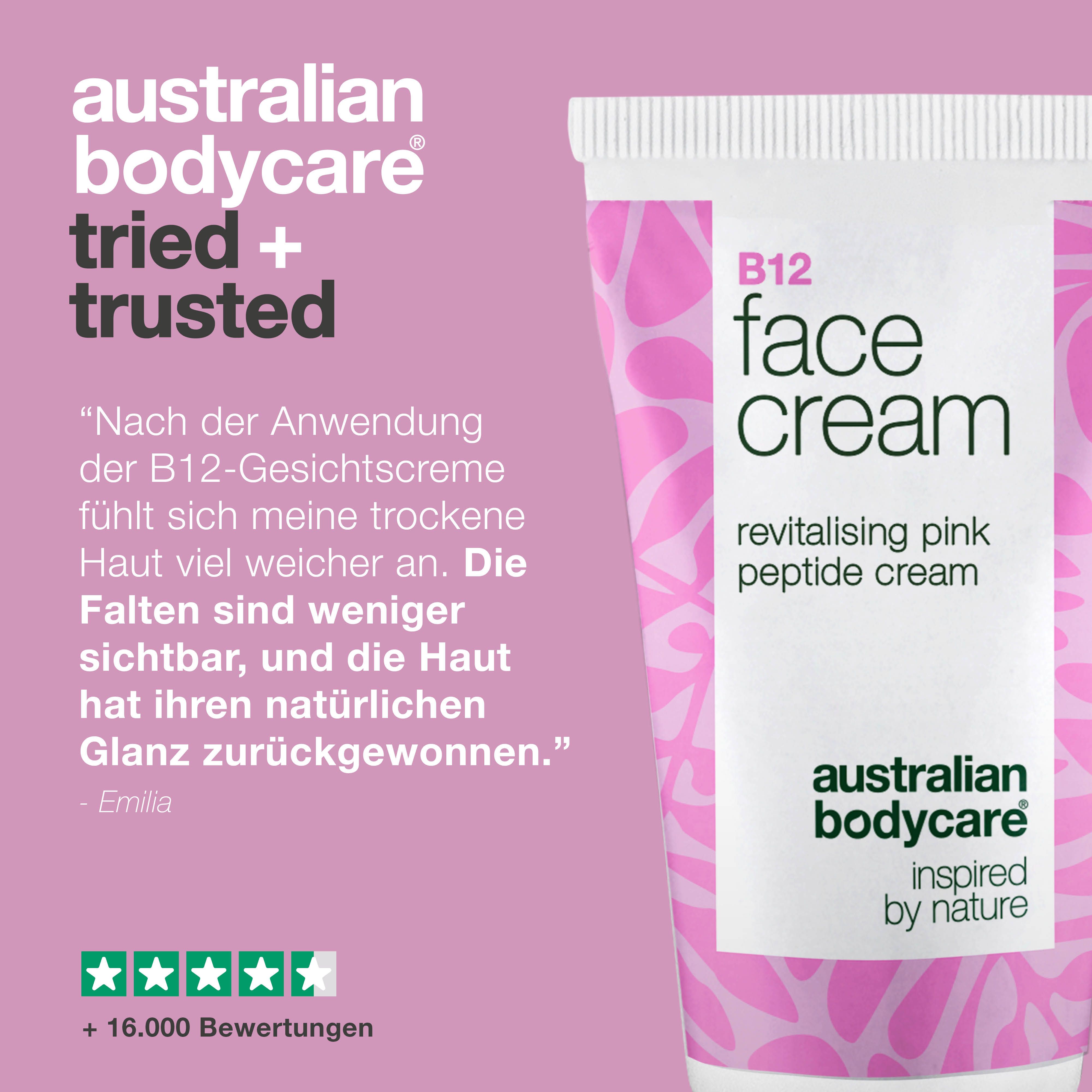 Tube Gesichtscreme. Text: 'B12 face cream'. Marke: Australian Bodycare. Text: 'Tried + trusted'. Sterne-Bewertung.