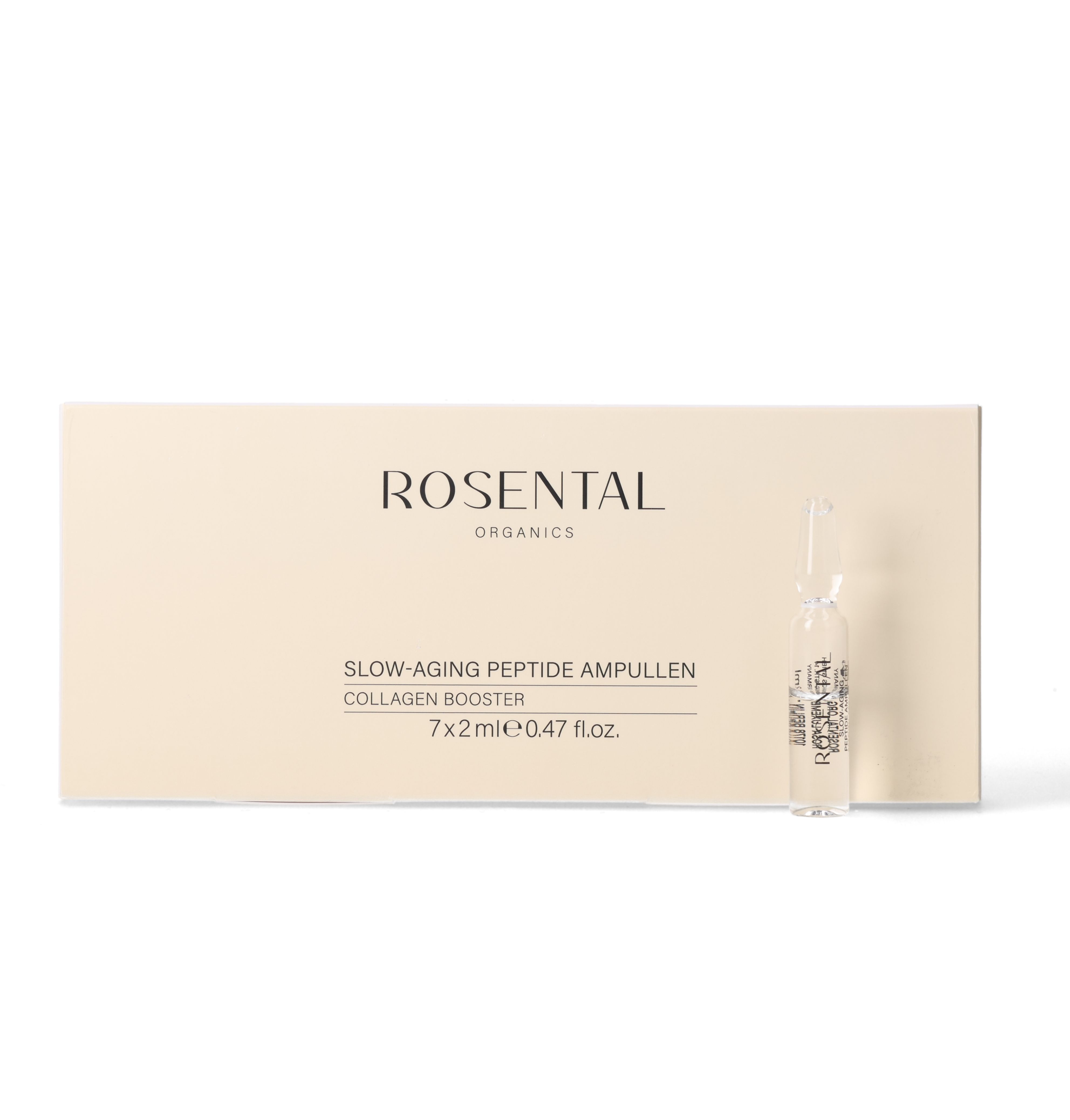Beige Verpackung. Aufschrift: Rosental Organics, Slow-Aging Peptide Ampullen, Collagen Booster. 7x2ml.