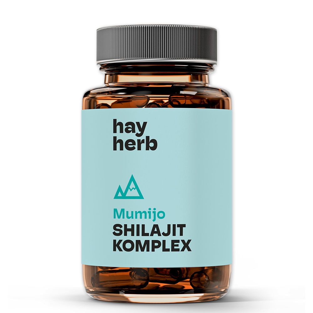 Braune Glasflasche mit Kapseln. Aufschrift: hay herb, Mumijo Shilajit Komplex. Hellblauer Hintergrund.