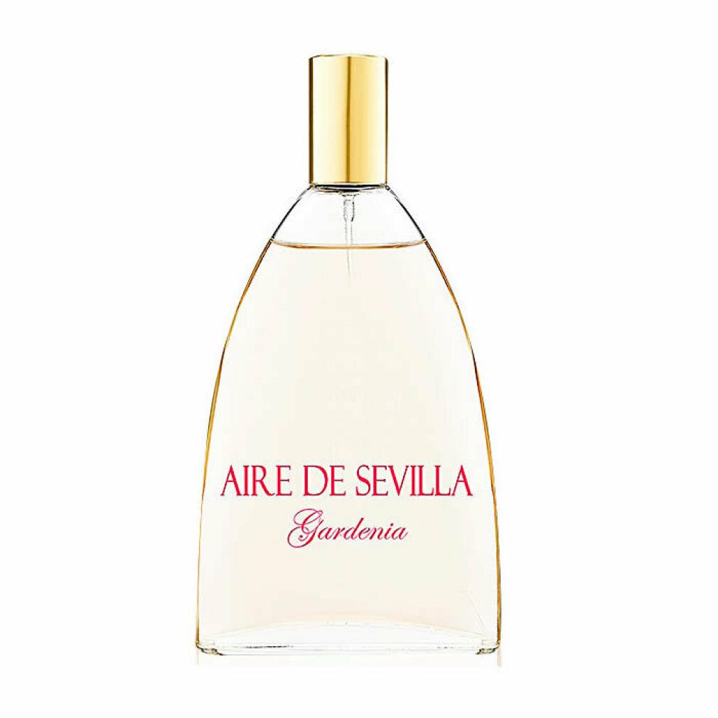 Parfümflasche mit goldfarbenem Verschluss. Aufschrift: Aire de Sevilla Gardenia. Transparente Flüssigkeit.