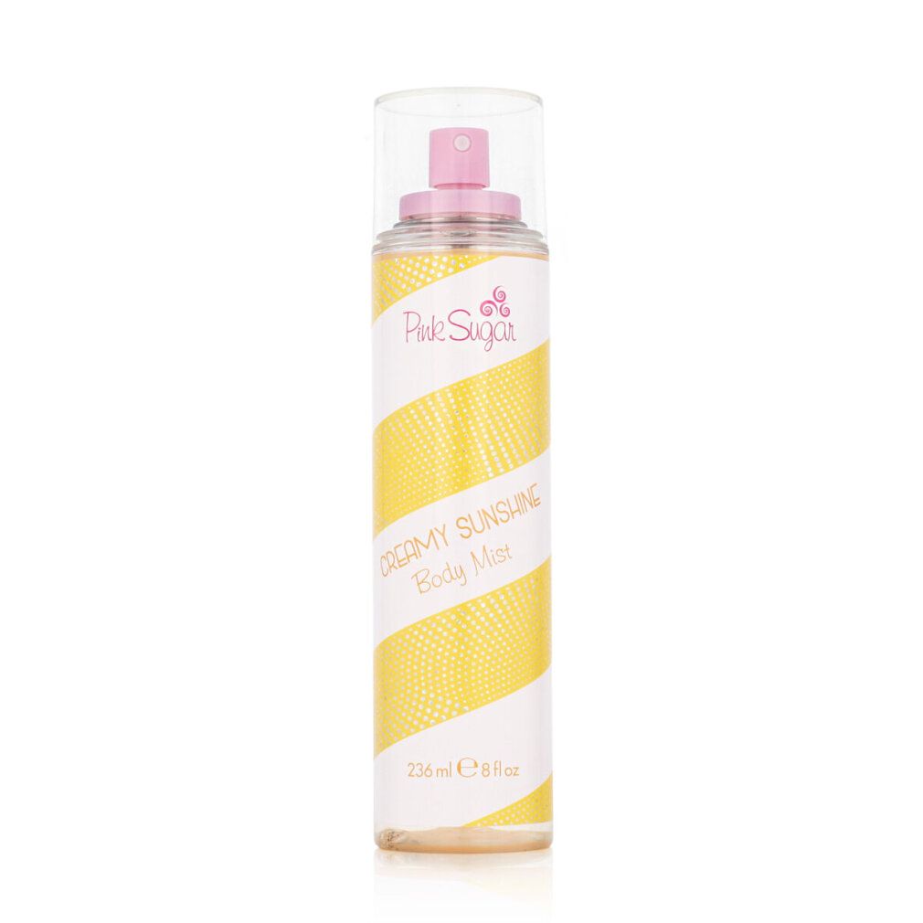 Körpernebel-Flasche mit gelb-weißem Streifenmuster. Pink Sugar Logo und Produktname sind sichtbar.