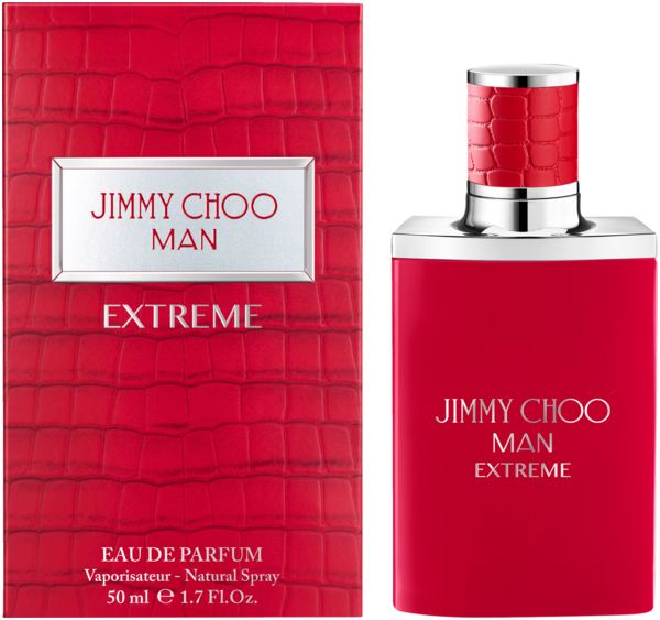 Jimmy Choo Man Extreme Eau de Parfum Flakon und Verpackung in Rot mit Kroko-Prägung.