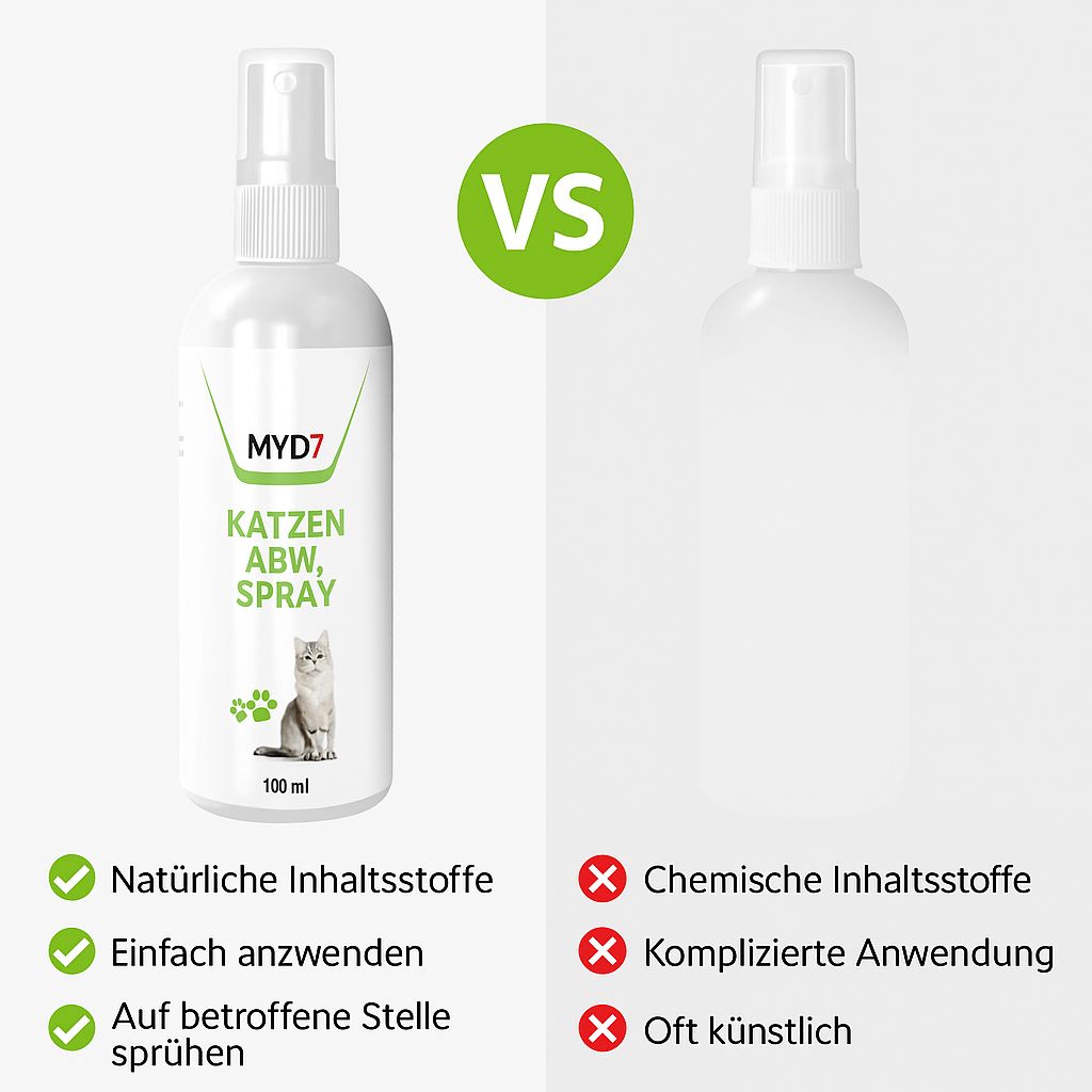 Zwei weiße Sprühflaschen. Links: MYD7 "Katzen Abw. Spray". Rechts: Leere Flasche. Text: Vorteile und Nachteile.