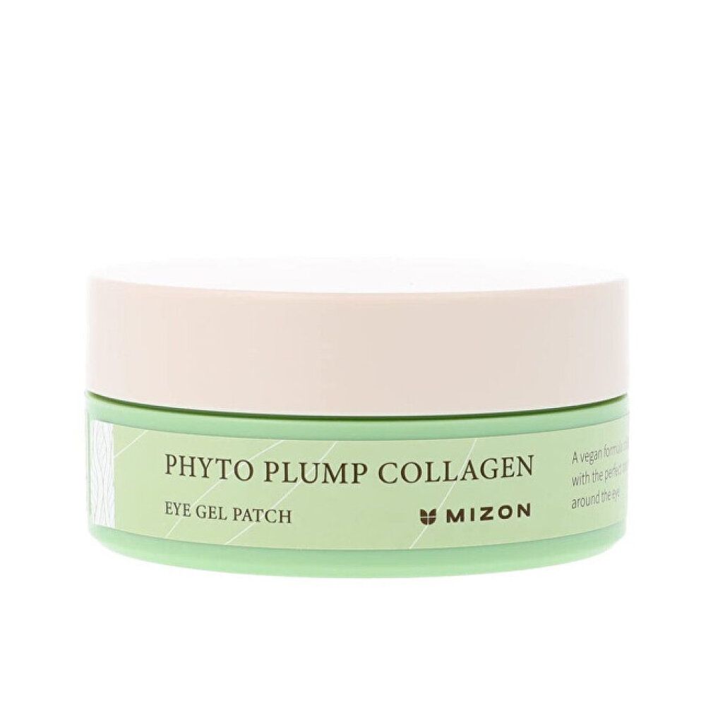 Runde Dose mit grünem Boden und cremefarbenem Deckel. Aufschrift: Phyto Plump Collagen Eye Gel Patch. Marke: Mizon.