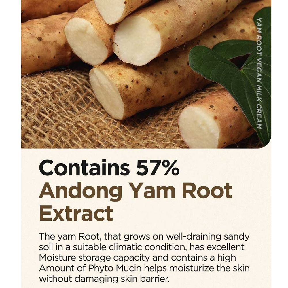 Text: Enthält 57% Andong Yam Root Extract. Beschreibung des Extrakts. Yamswurzeln auf Jute.