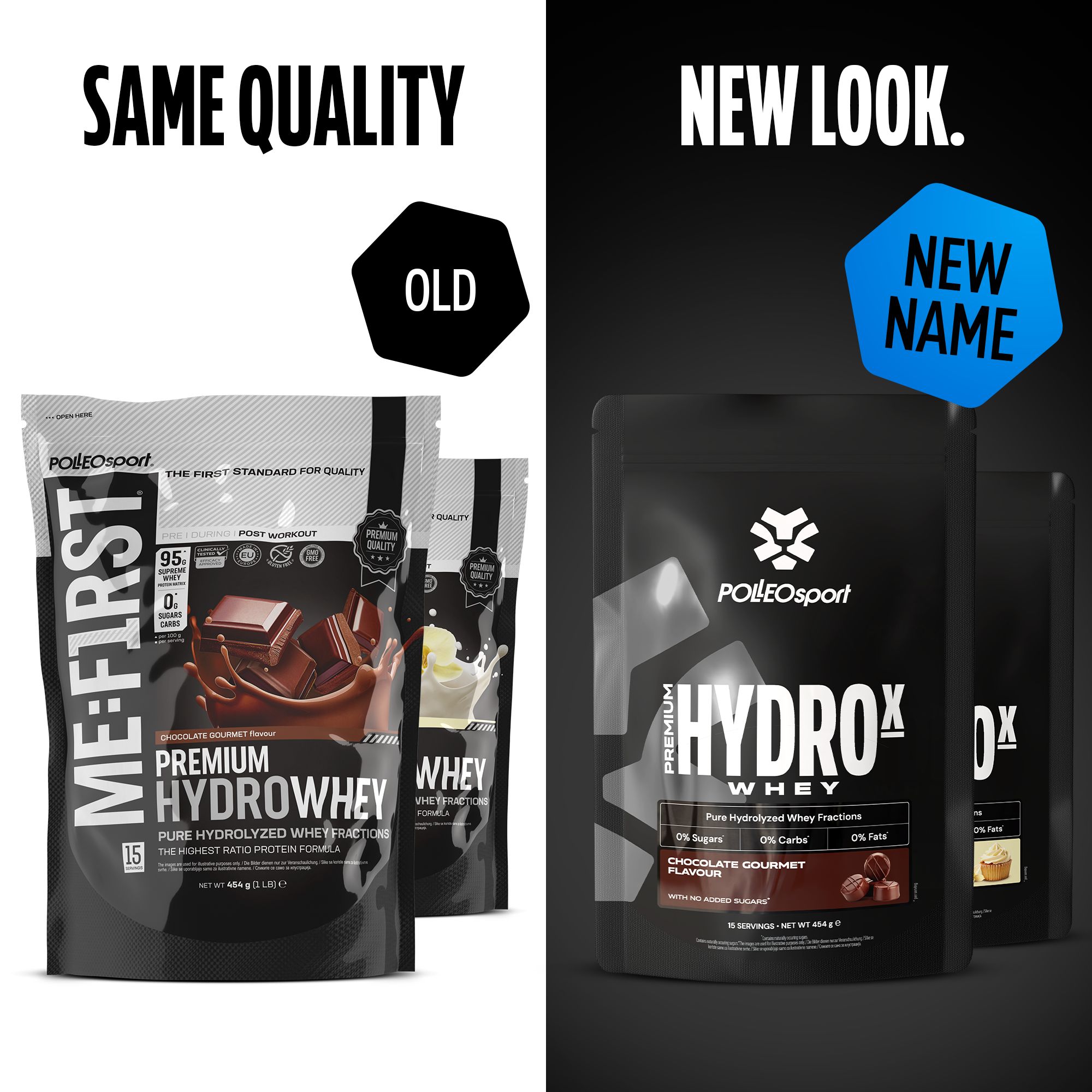 Vergleich: "ME:FIRST Premium Hydrowhey" vs. "HYDROX Whey". Beide Produkte in schwarzen Verpackungen. Marke: PolleoSport.