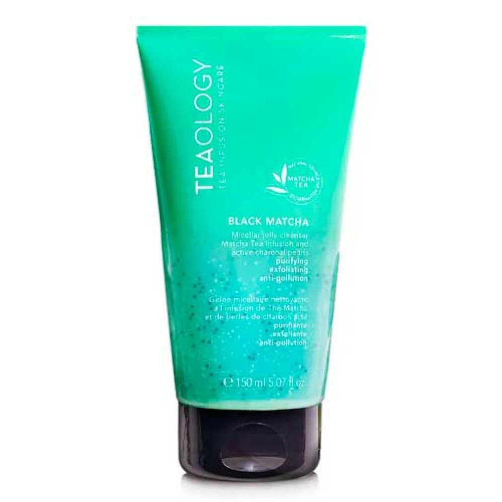 Grüne Tube mit schwarzem Verschluss. Aufschrift: Teaology, Black Matcha, Micellar Jelly Cleanser. Enthält Matcha-Tee und Aktivkohleperlen.