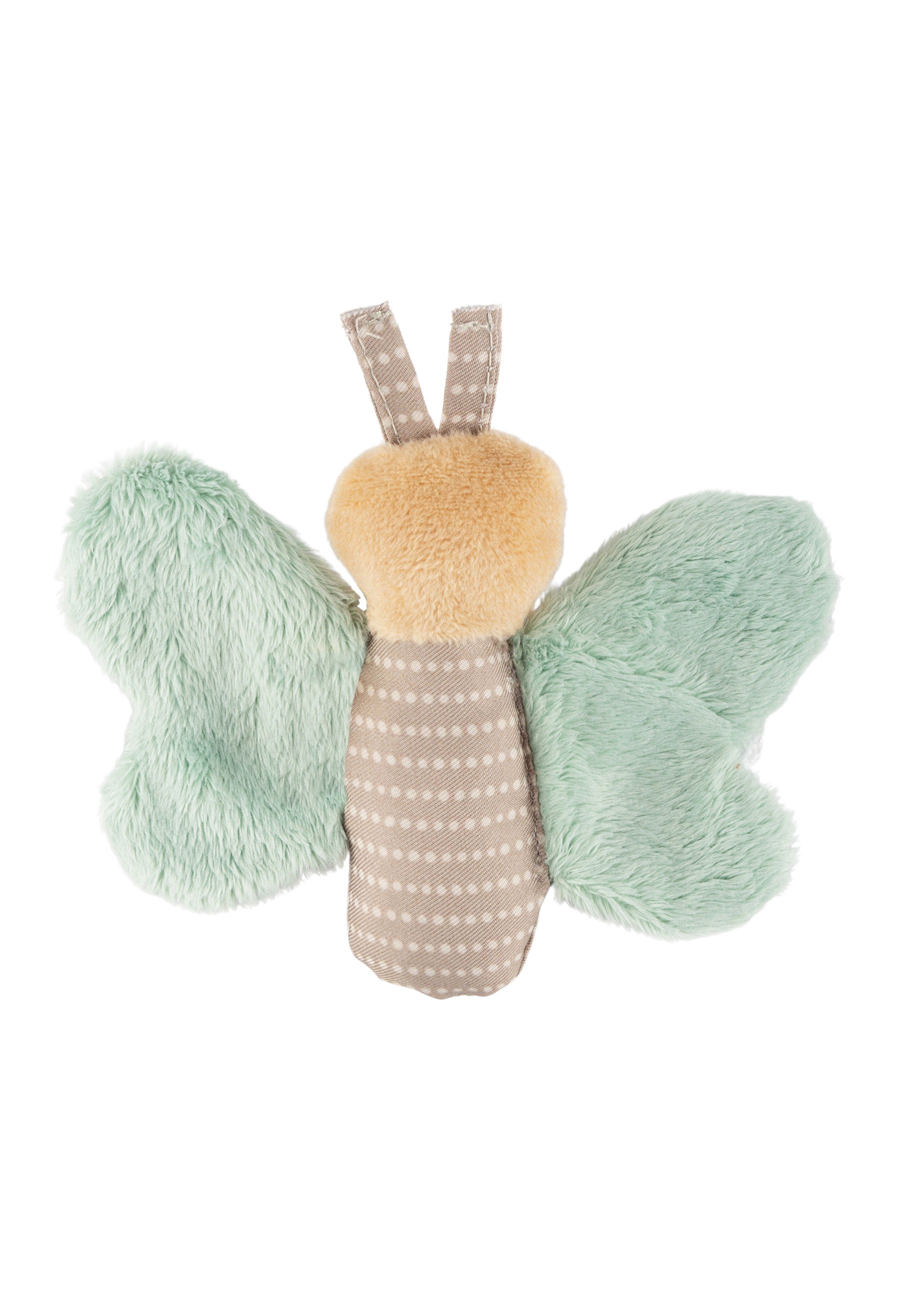 Stoffschmetterling mit beigem Kopf, gepunktetem Körper und mintgrünen Flügeln. Ohne Etikett.